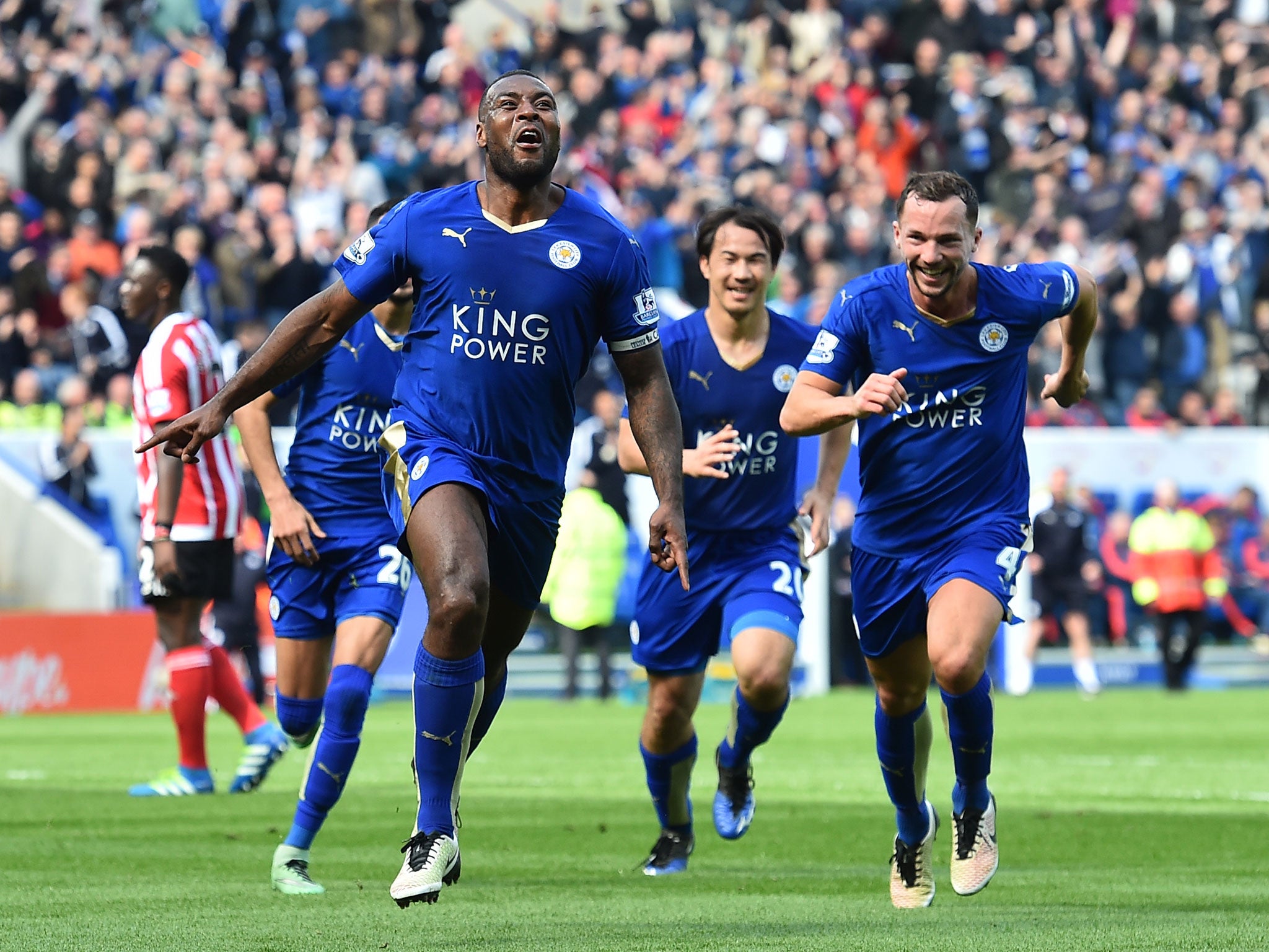 Wes Morgan celebrates his winning goal against Southampton