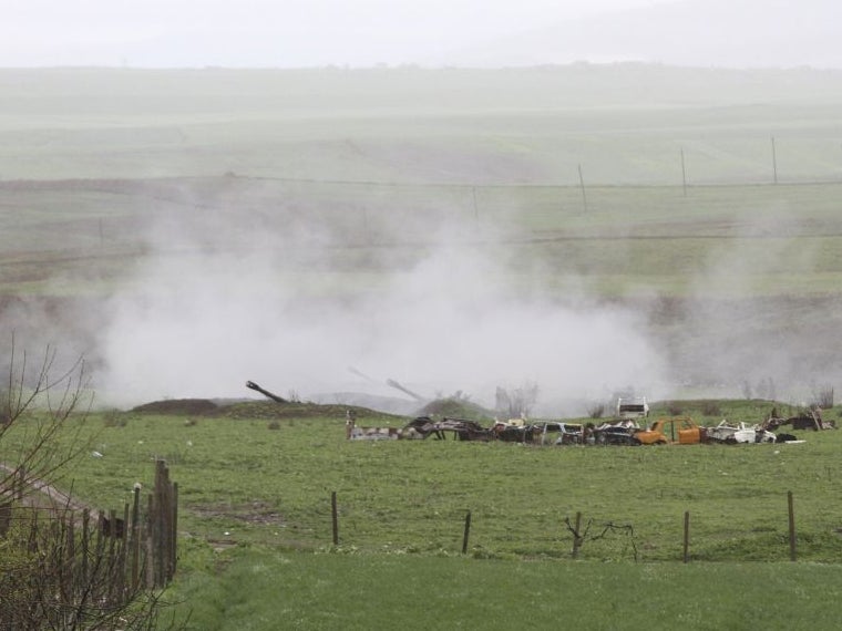 An Armenian artillery unit in the town of Martakert, where clashes with Azeri forces are taking place, in Nagorno-Karabakh region, which is controlled by separatist Armenians