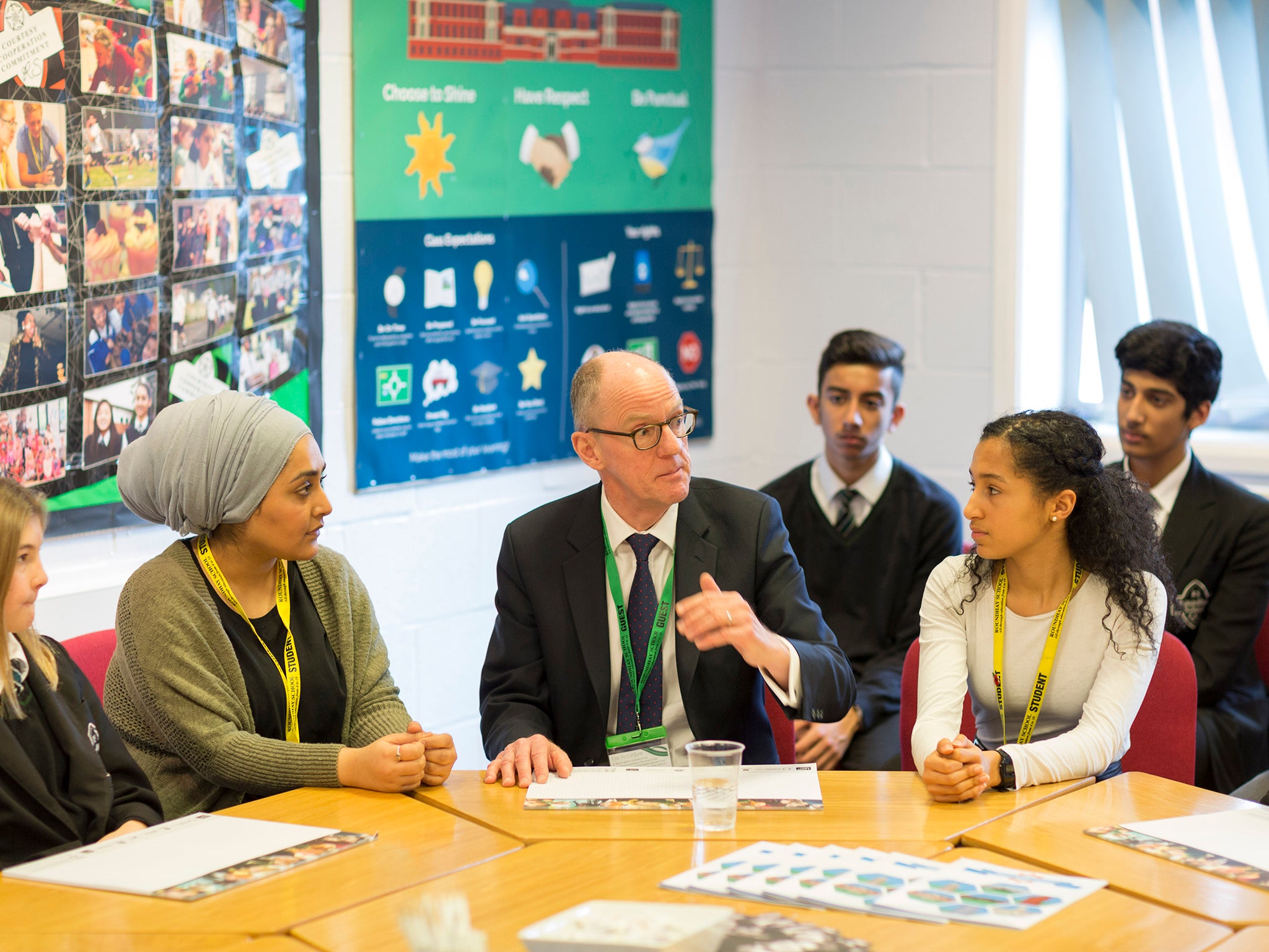 Nick Gibb talking to students at Roundhay School, Leeds