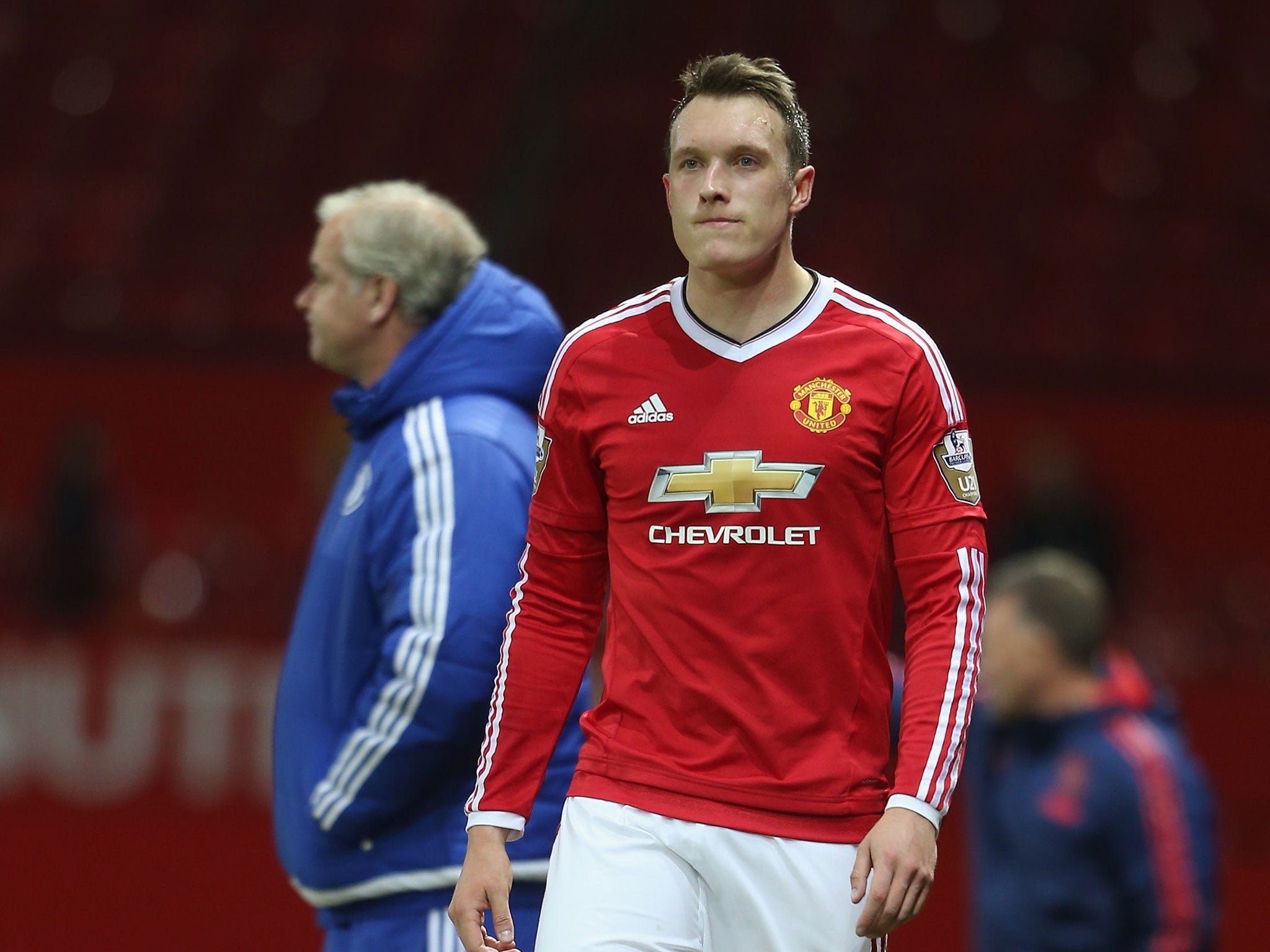 Phil Jones pictured leaving the field from Manchester United's U21 match with Chelsea