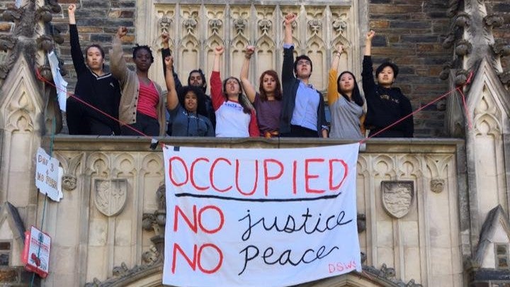 The nine students, pictured, have refused to move from the main administrative building for five days now