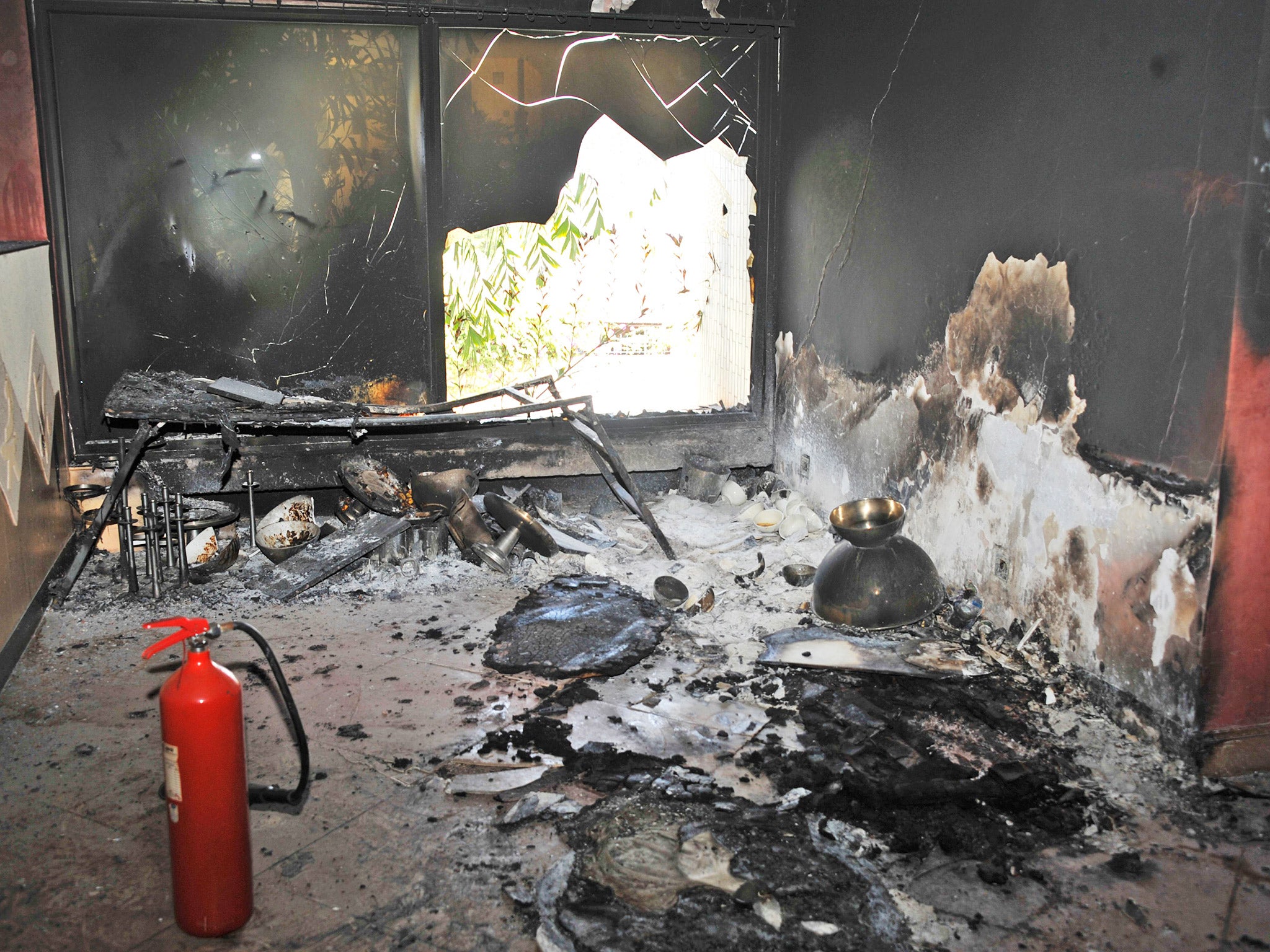 One of the rooms severely burnt and damaged by the attack