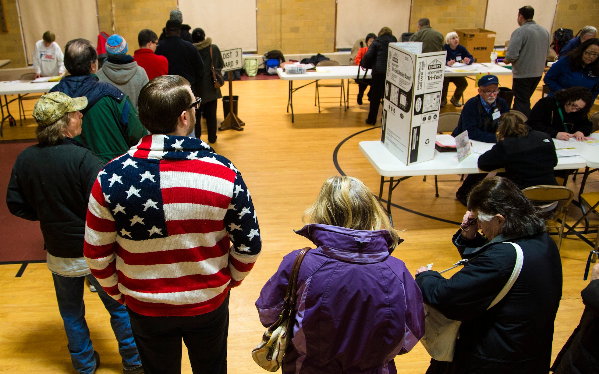 Voters line up in Wisconsin on Tuesday.