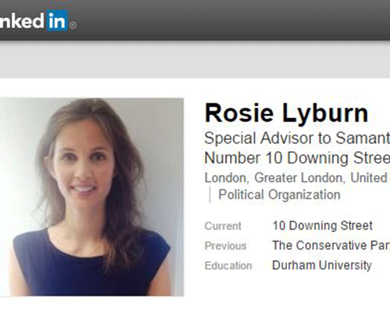 Rosie Lyburn, a former model and parliamentary assistant to Conservative MPs, is employed as a special advisor to the prime minister's wife