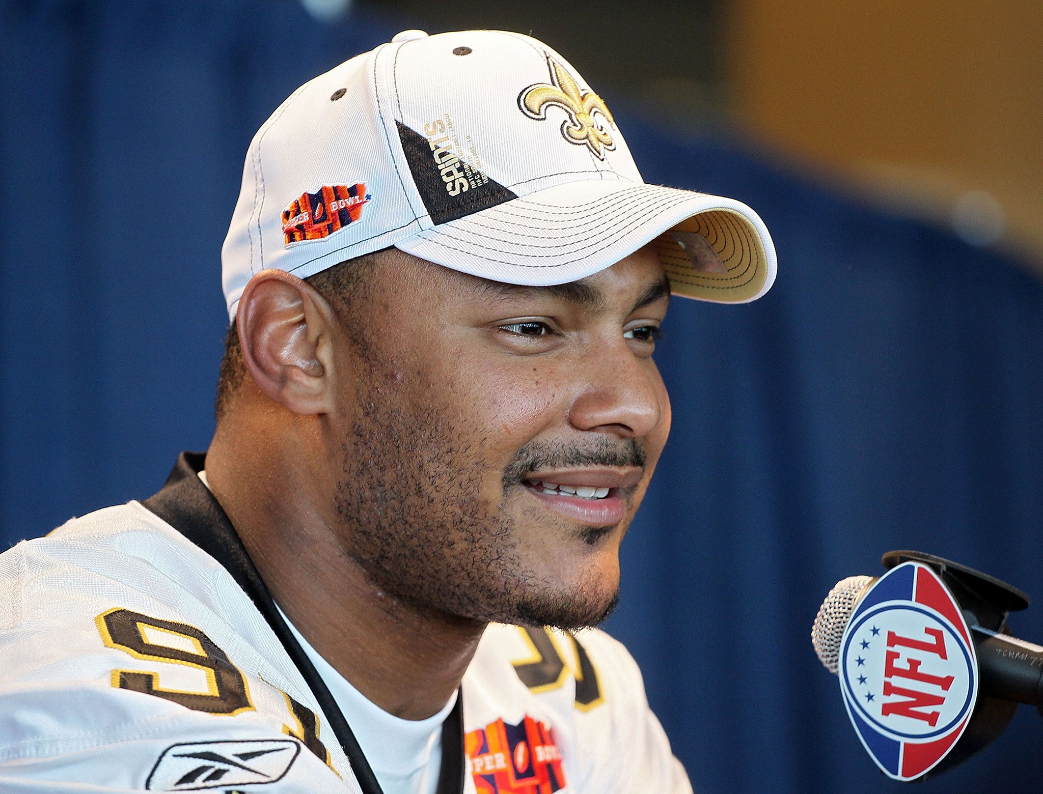 Will Smith addresses the media at Super Bowl XLIV.