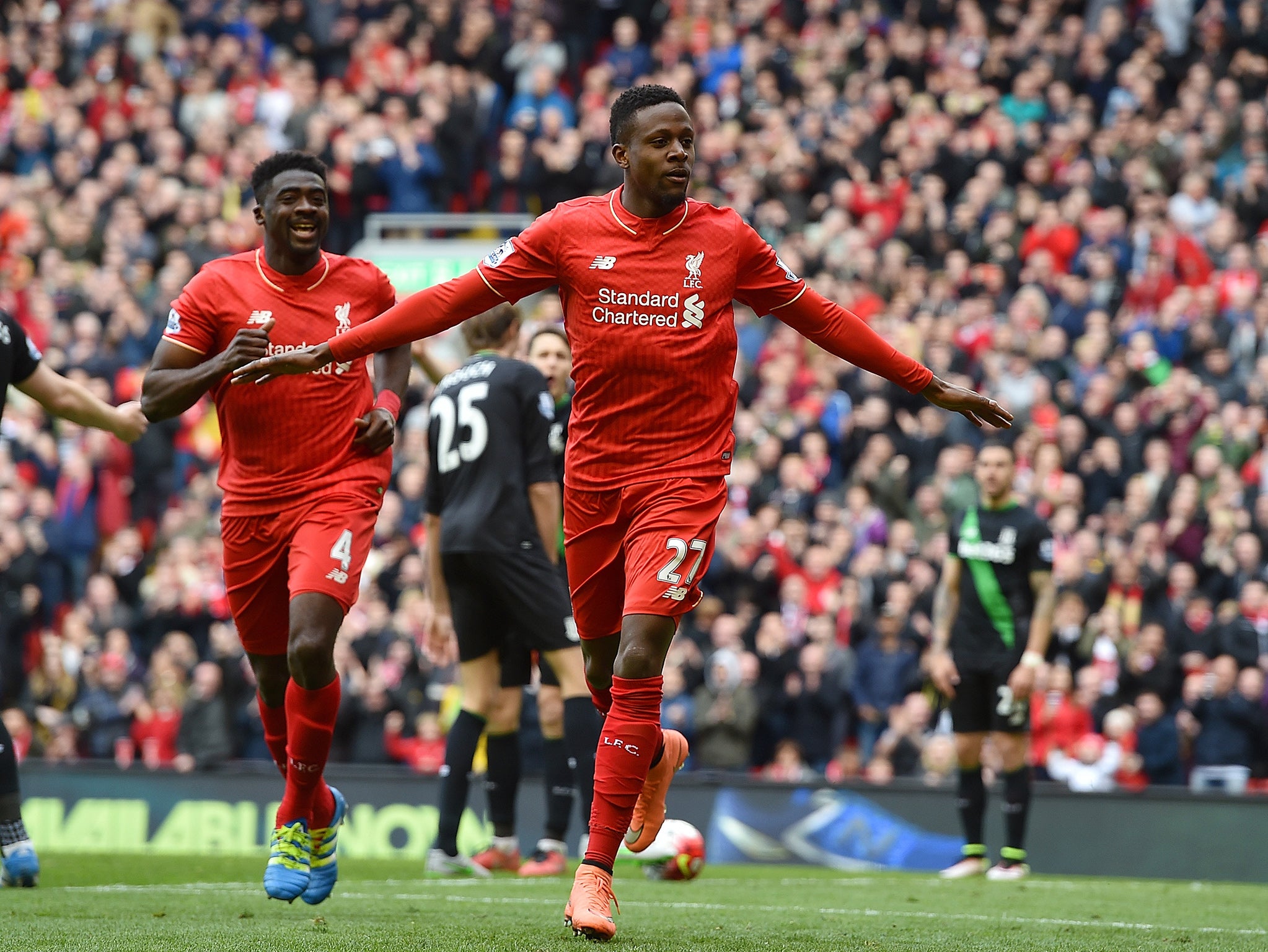 Divock Origi celebrates the first of his two goals