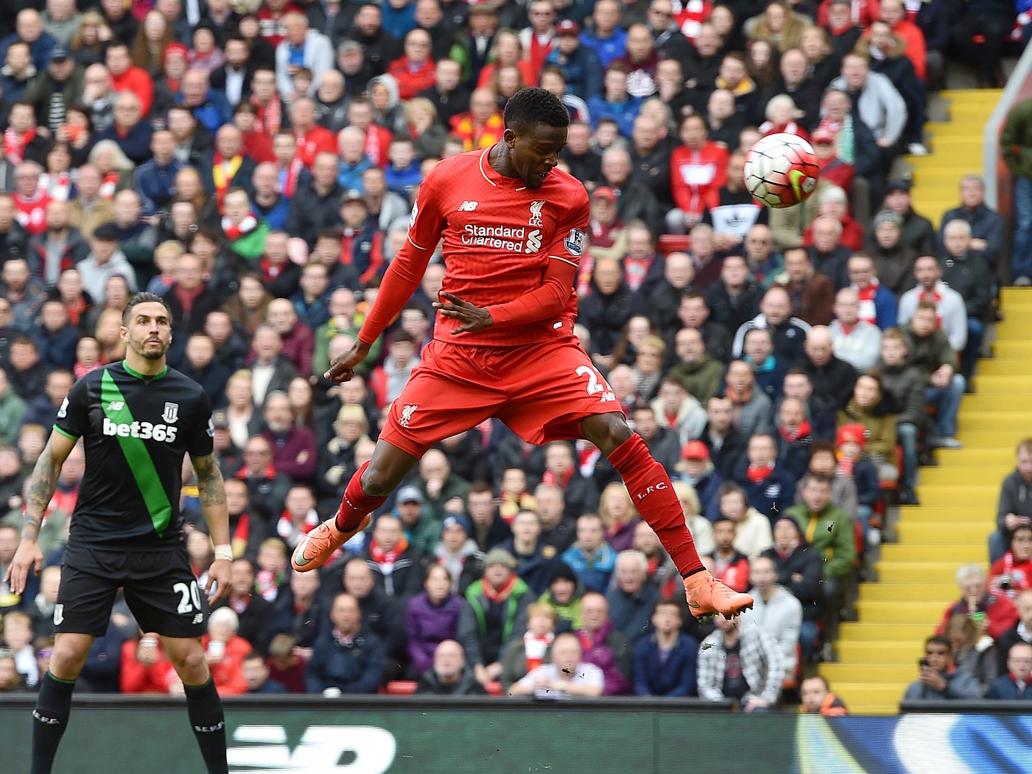 &#13;
Divock Origi heads in his first goal against Stoke &#13;