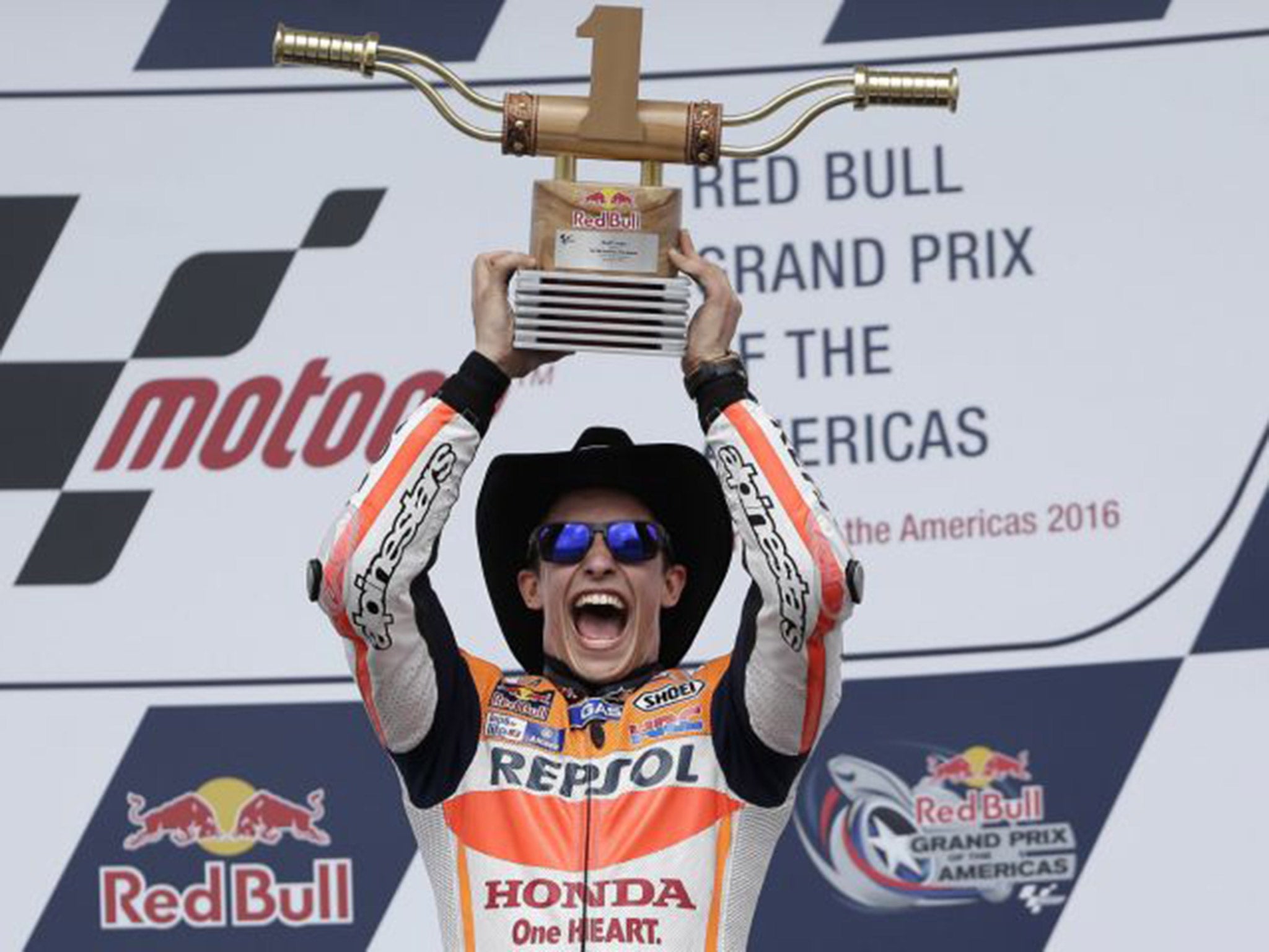 Marc Marquez celebrates winning the MotoGP Grand Prix of America