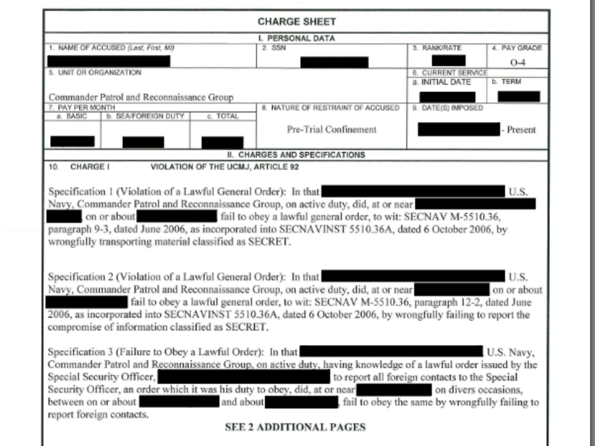 A heavily-redacted charge sheet shows Mr Lin faces five counts of spying