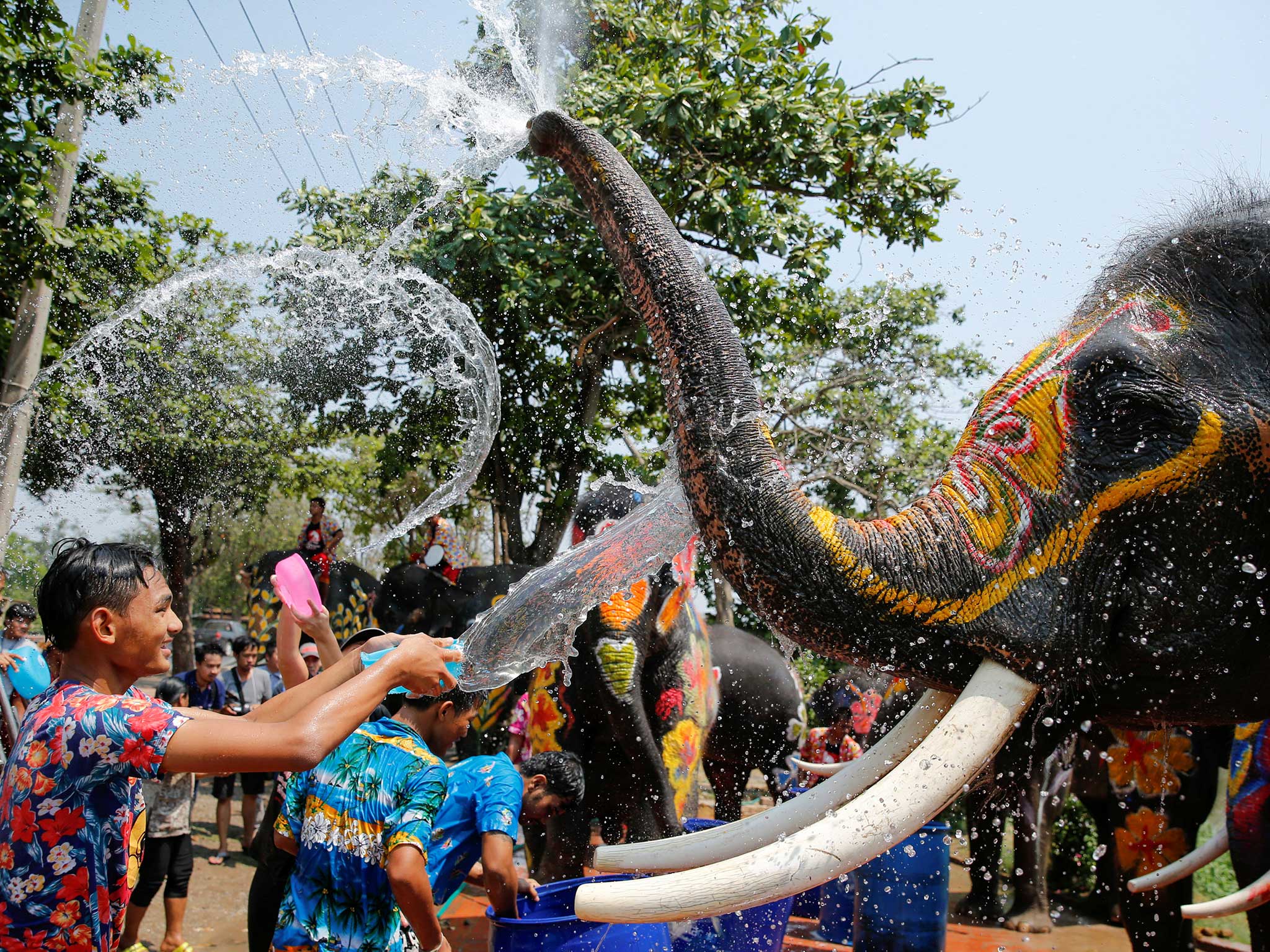 A boy and an elephant splash each other with water during the celebration of the Songkran water festival in Thailand's Ayutthaya province, north of Bangkok