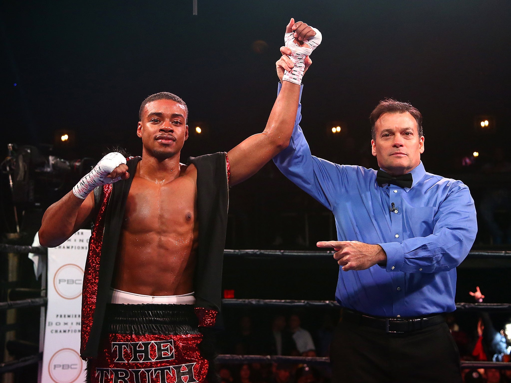 Errol Spence celebrates his win over Alejandro Barrera in November