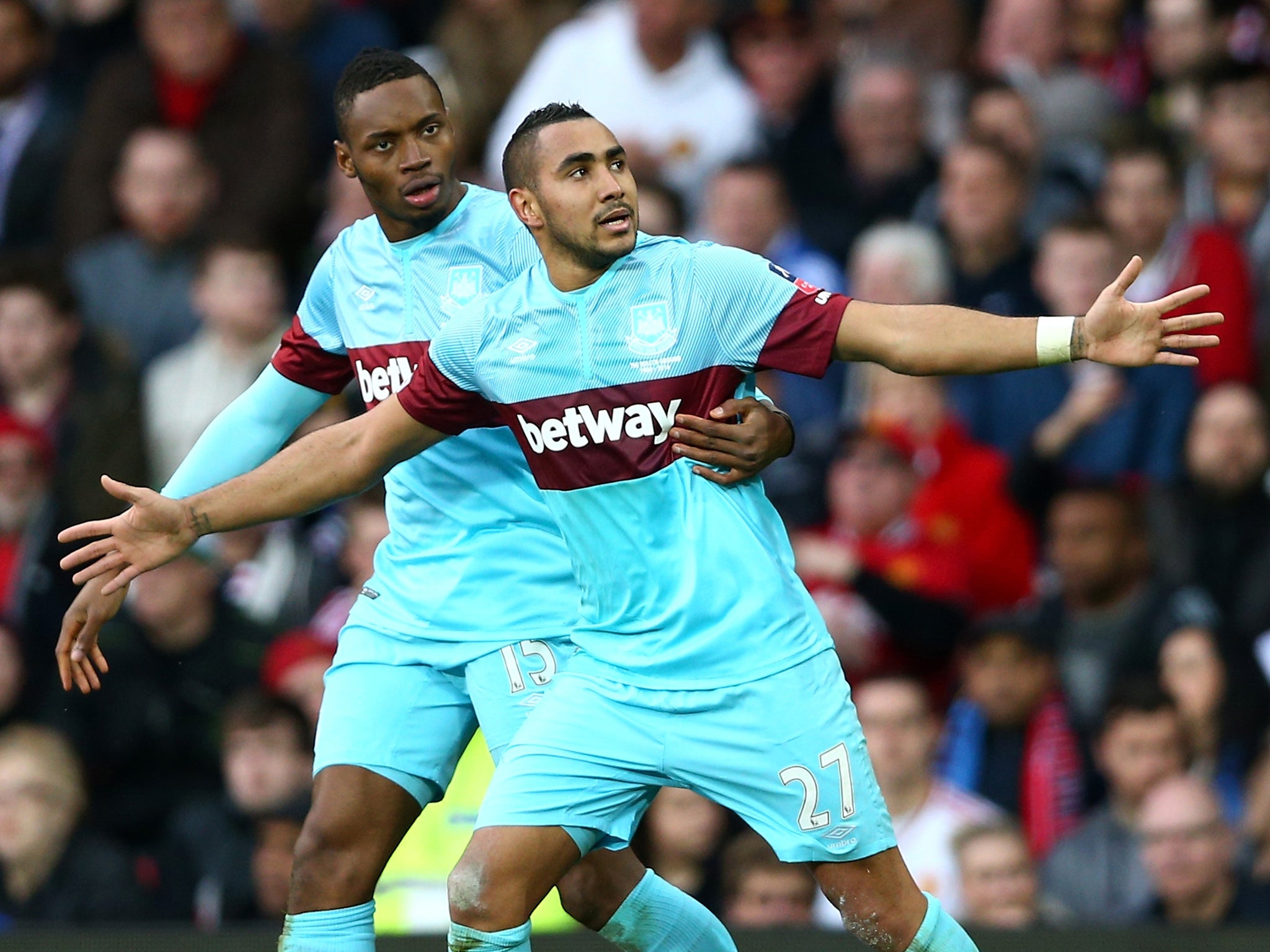 Dimitri Payet celebrates scoring a wonderful free-kick at Manchester United last season