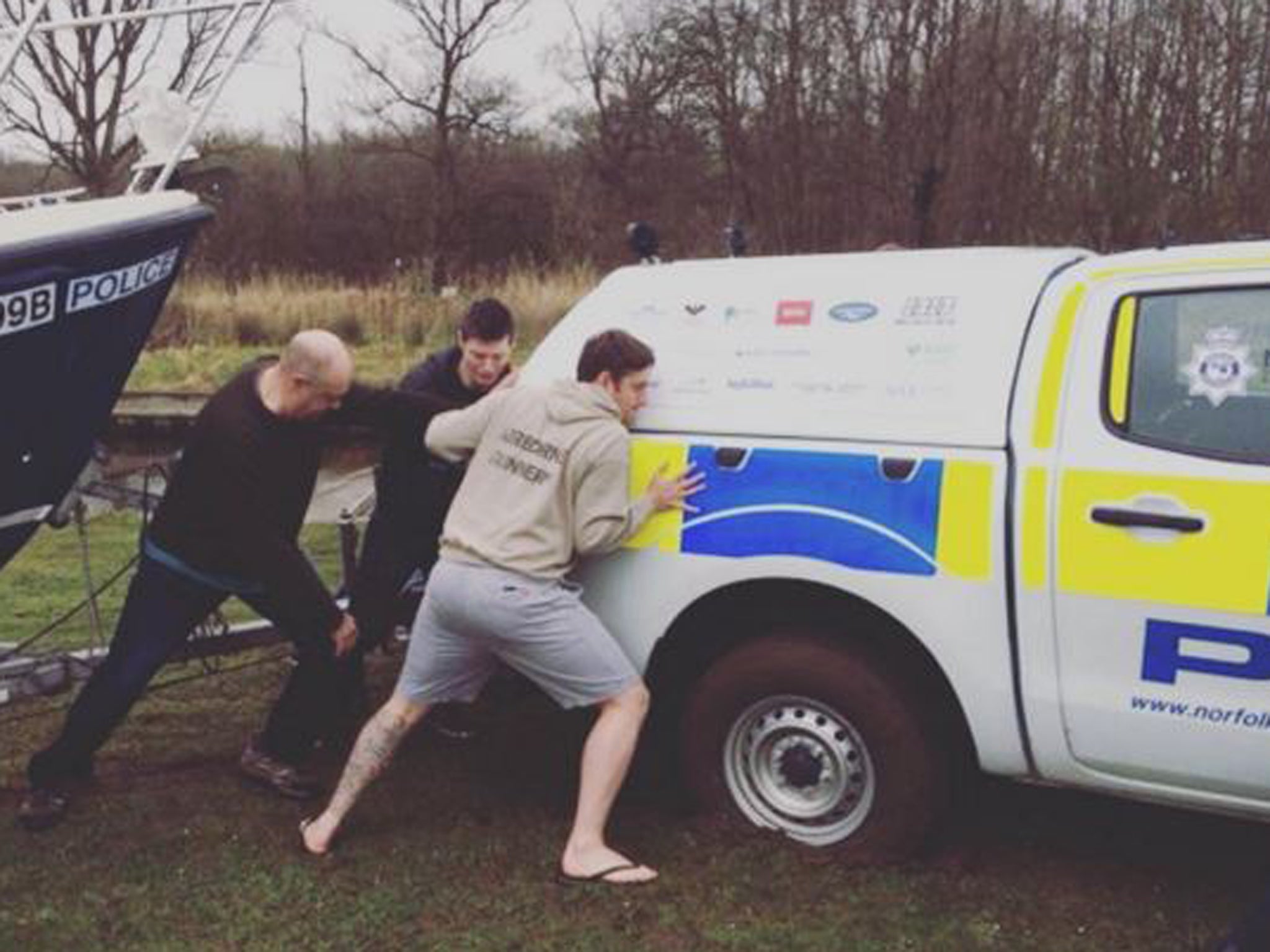 The stag party helped free Norfolk Police's truck, which was towing their Broadsbeat patrol boat, from the mud