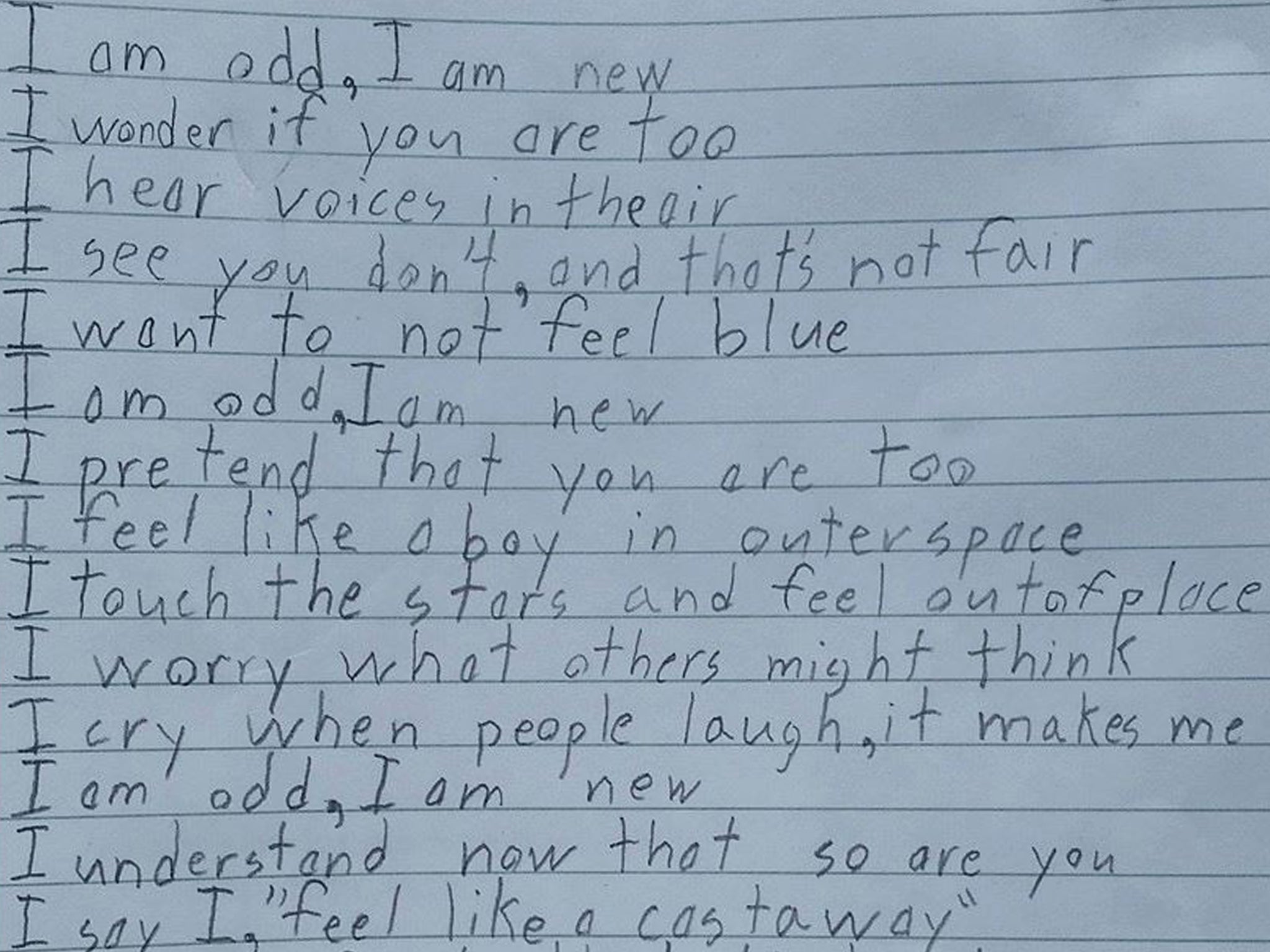 'I am odd, I am new. I wonder if you are too,' Benjamin Giroux wrote. 'I hear voices in the air. I see you don't, and that's not fair.'