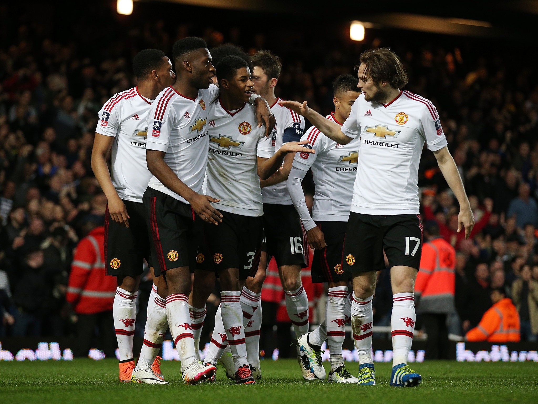 Marcus Rashford is congratulated on his goal