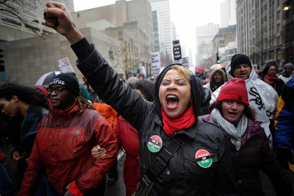 Demonstrators protest the shooting of Laquan McDonald on November 27, 2015.