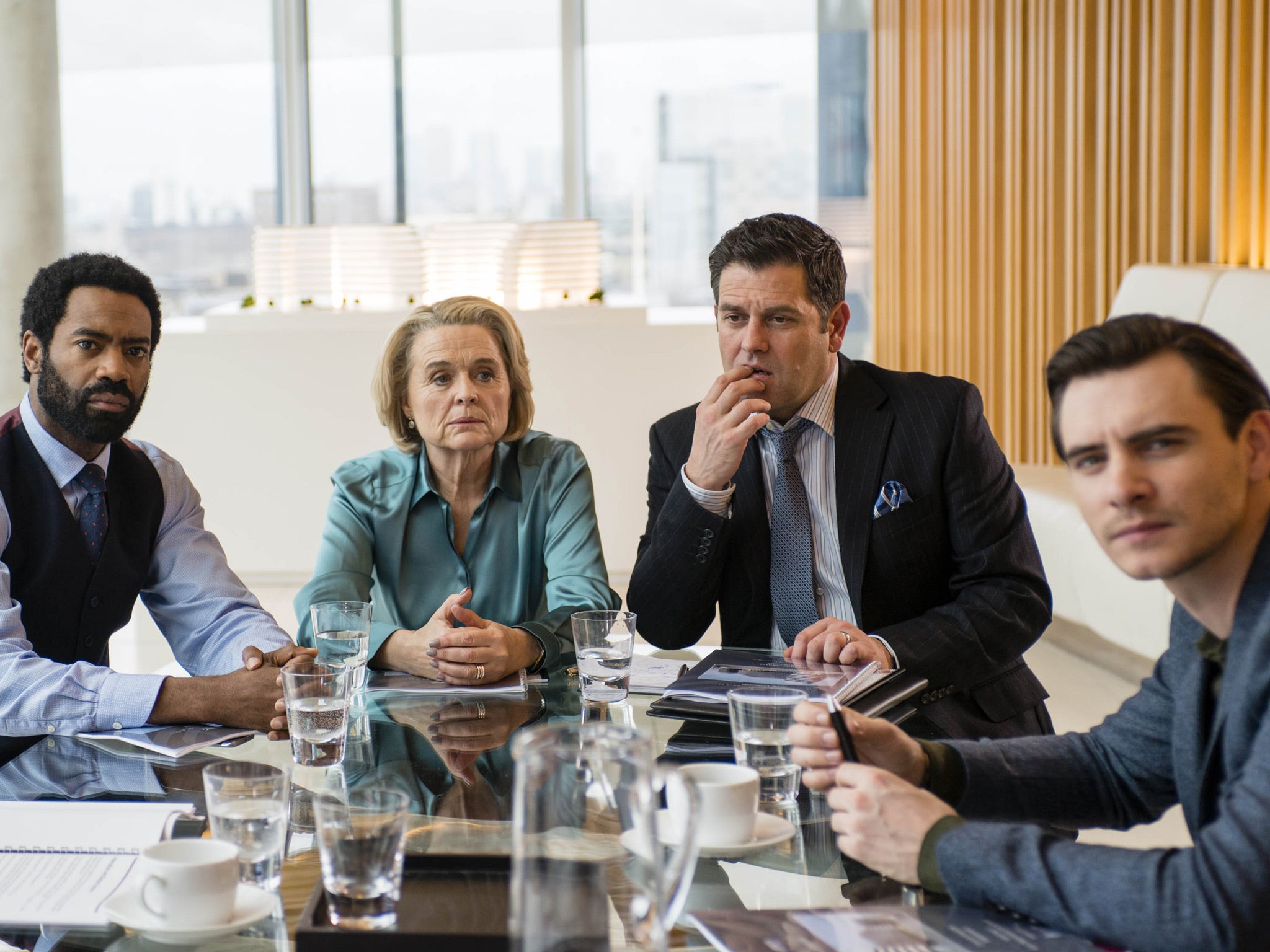 The DGT Construction lot: Nicholas Pinnock as Jason, Sinead Cusack as Sylvie Gibson, Patrick Baladi as Stephen Holmes and Harry Lloyd as Henry Gibson