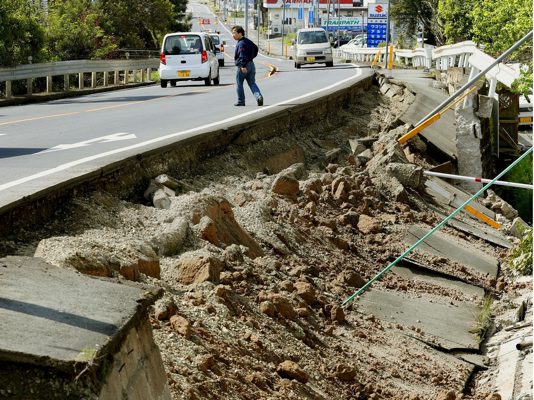 A damaged road caused in Mashiki town