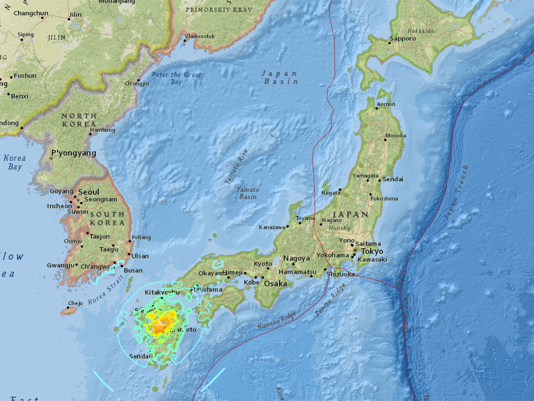 A map by the US Geological Survey showing the impact of the magnitude 7.3 earthquake