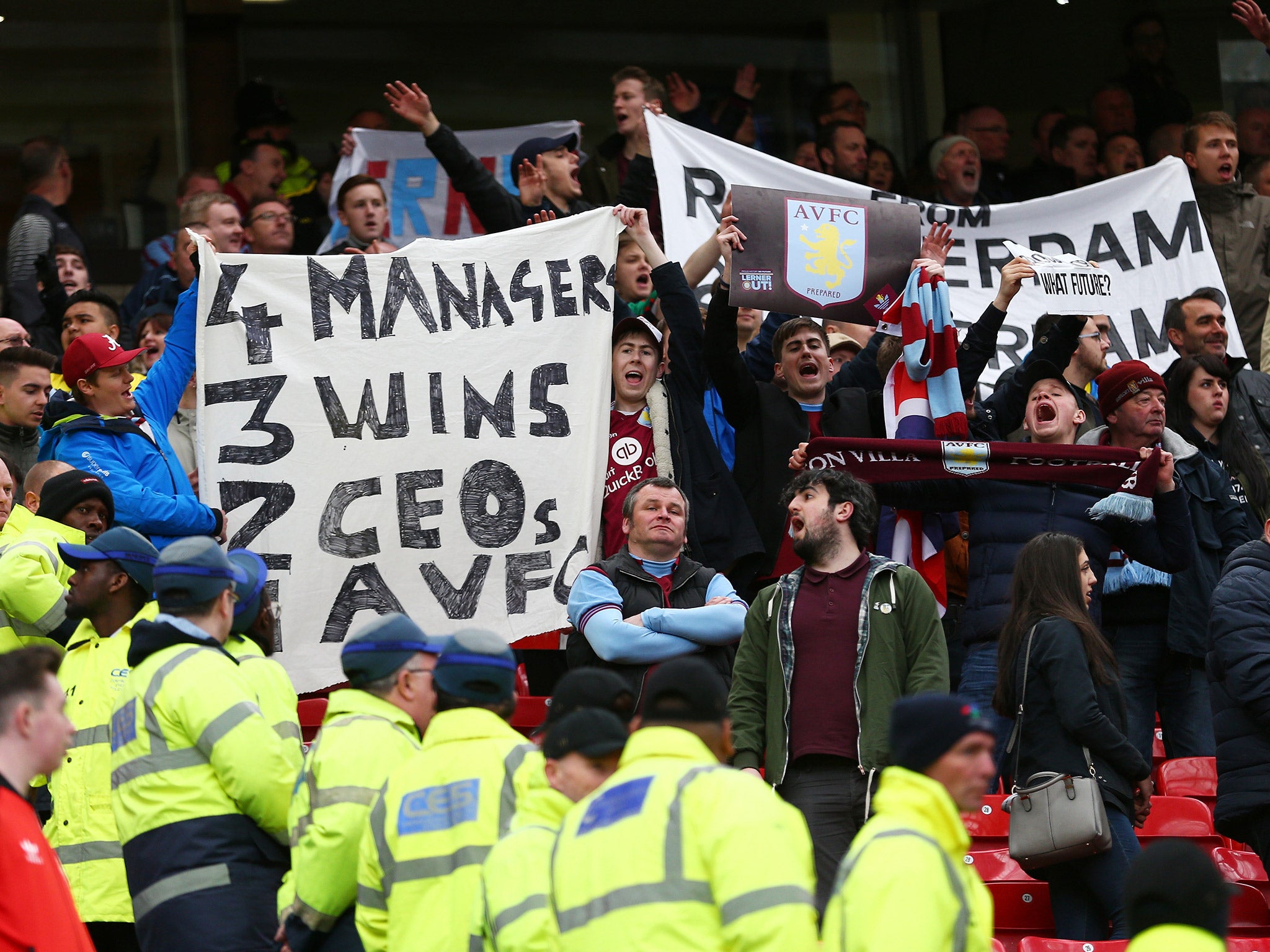 Aston Villa fans protest against the club's owner Randy Lerner