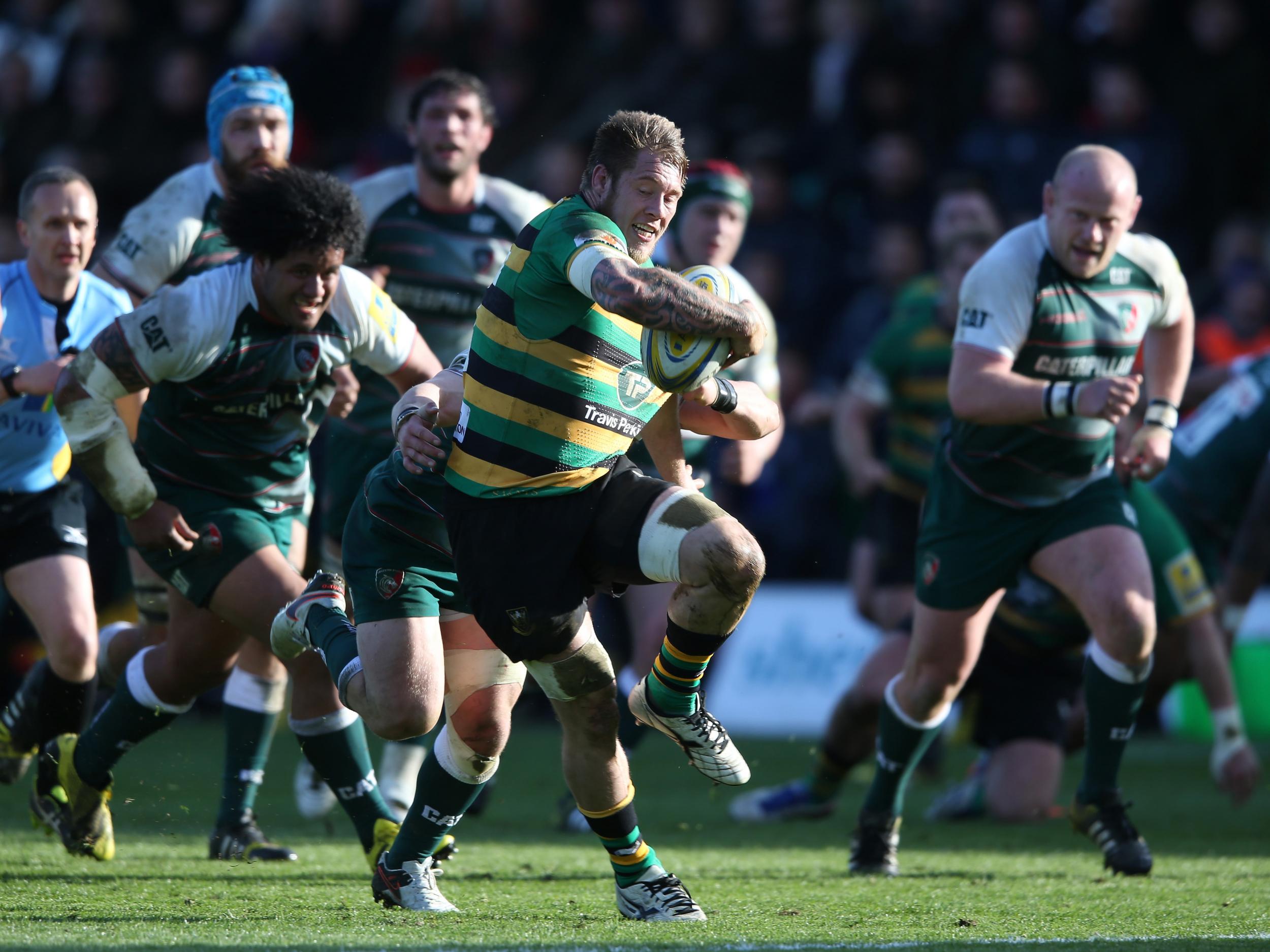 Northampton Saints flanker Teimana-Harrison goes on the charge against Leicester Tigers