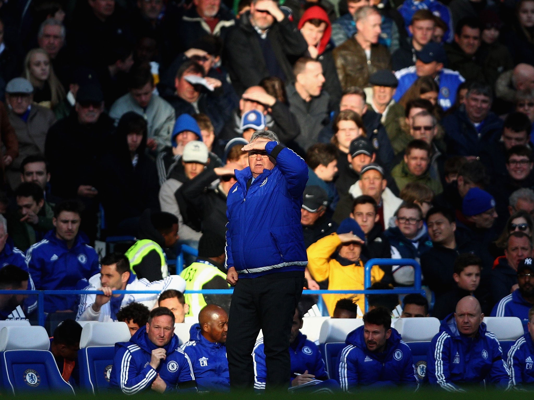 Chelsea interim manager Guus Hiddink watches on as his side slips to defeat against Manchester City