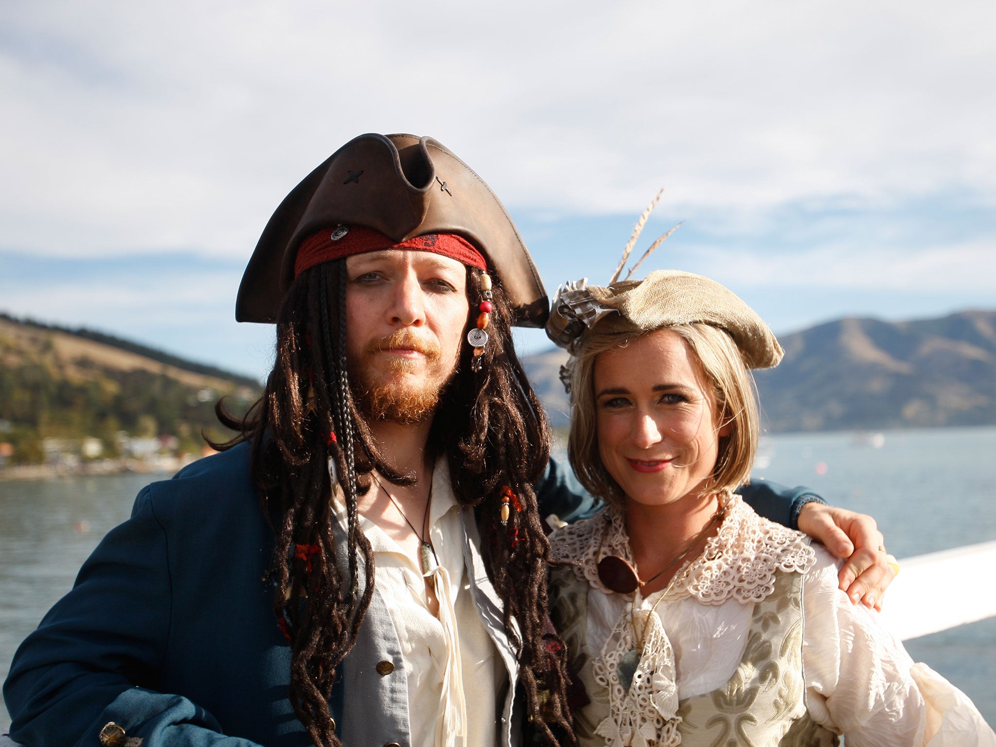 Members of the Church of the Flying Spaghetti Monster dressed as pirates for the wedding, in accordance with religious guidelines