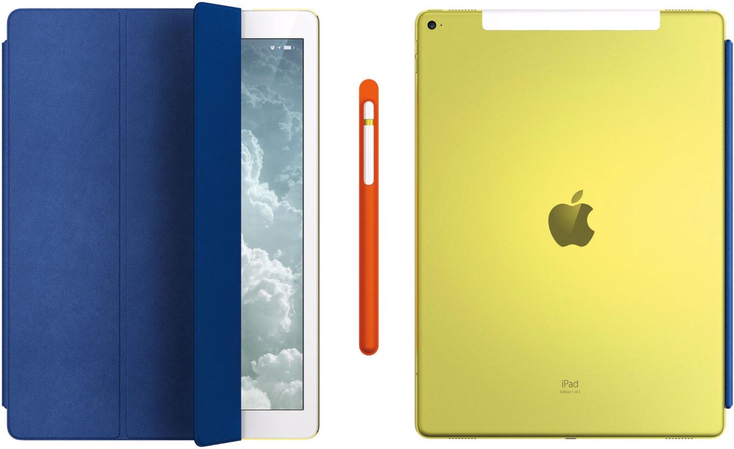 The exclusive lot includes a blue leather Smart Cover (left), an Apple Pencil with orange leather case (centre), and a yellow aluminium iPad Pro