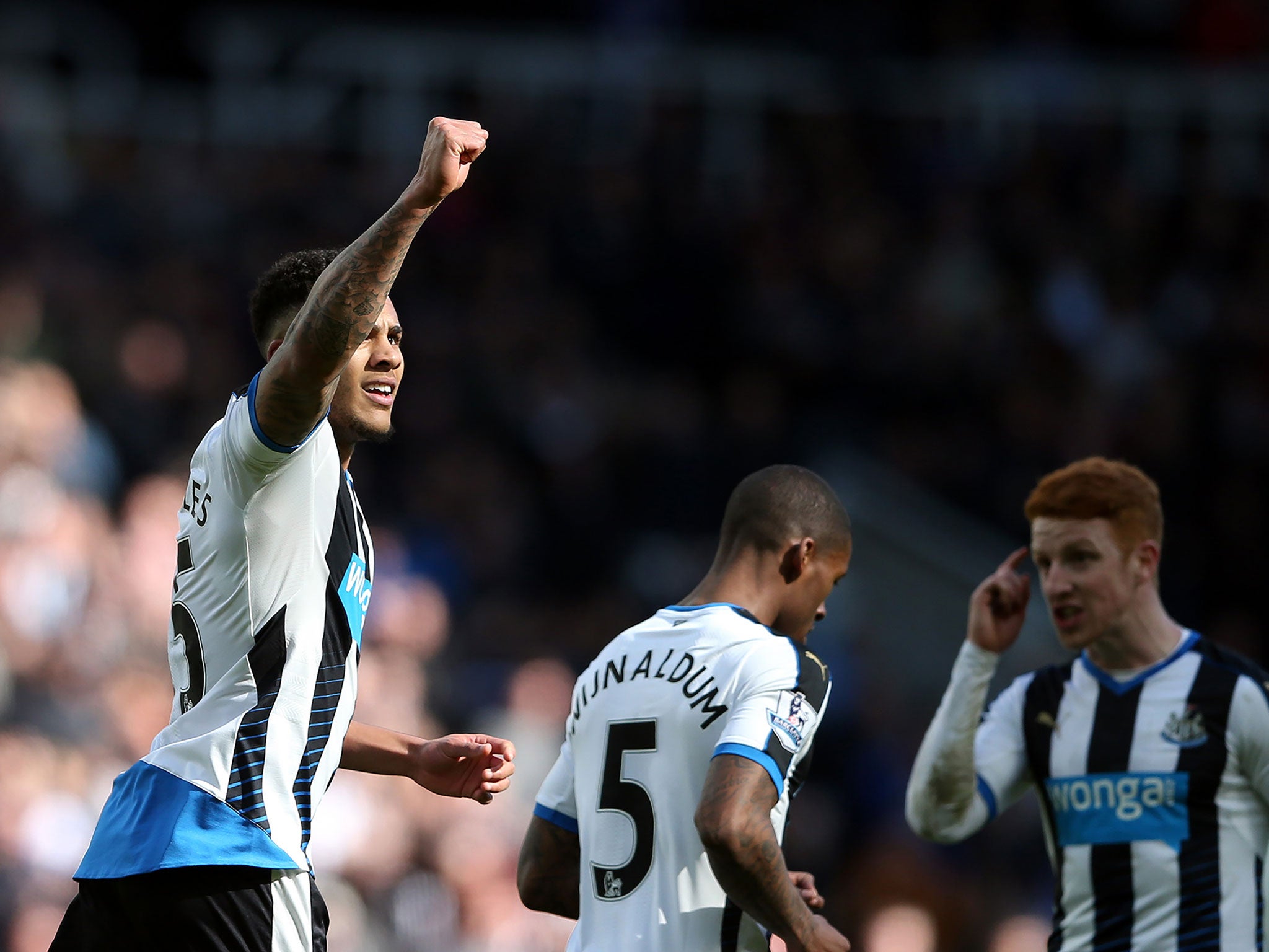 Jamaal Lascelles celebrates after scoring against Swansea