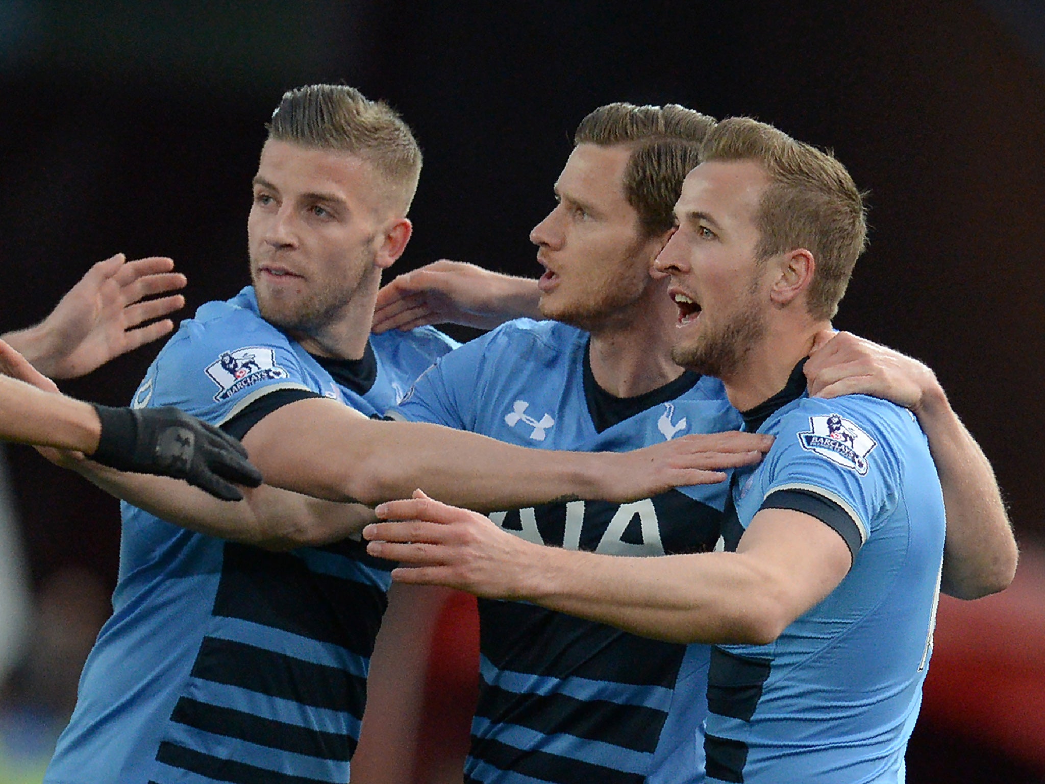 Harry Kane celebrates opening the scoring with his team-mates