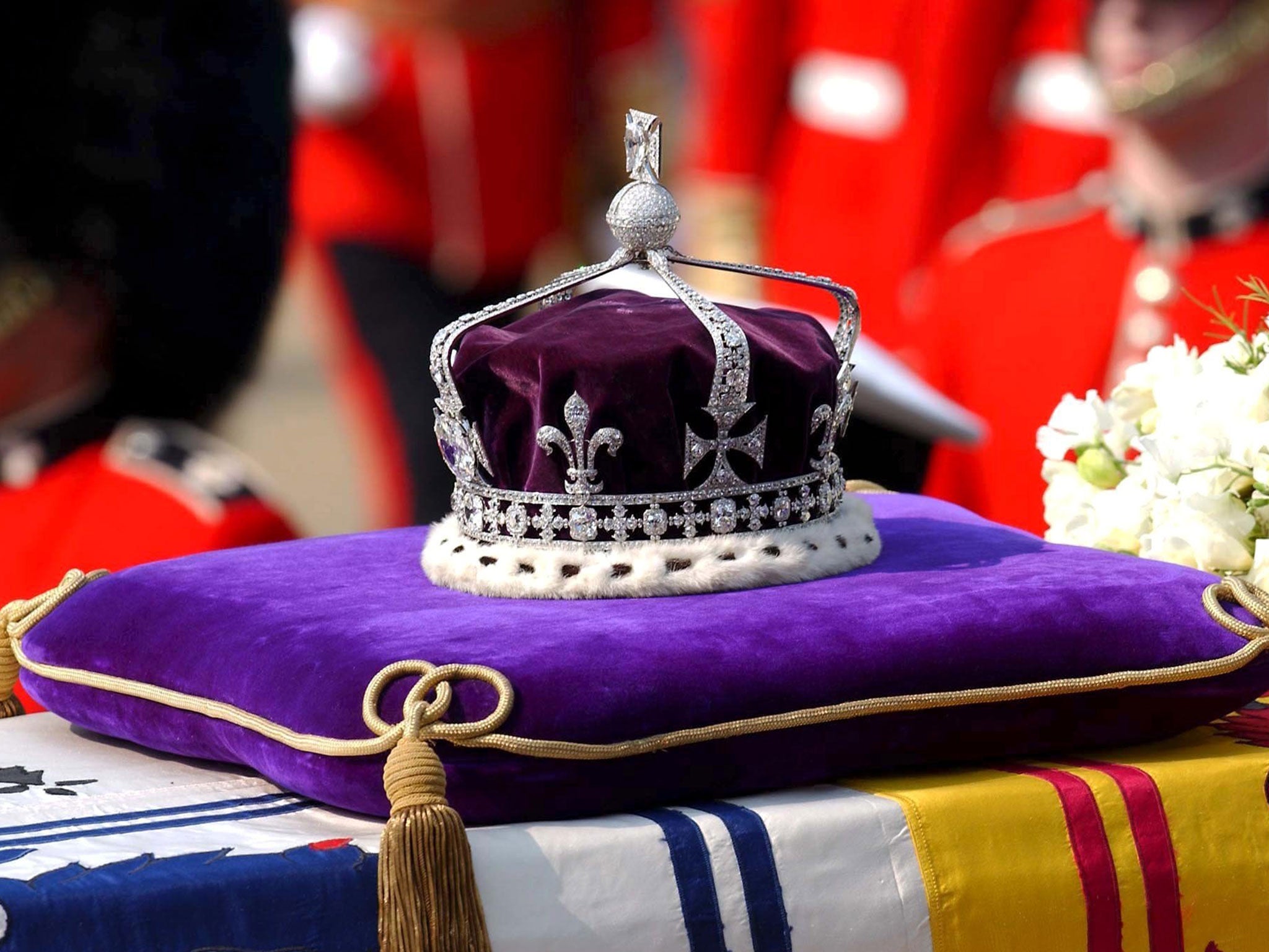 The Queen Mother's crown on her coffin during a ceremonial procession on 5 April 2002. The Koh-i-Noor diamond is the centre-piece of the crown, which will one day be worn by the Duchess of Cornwall