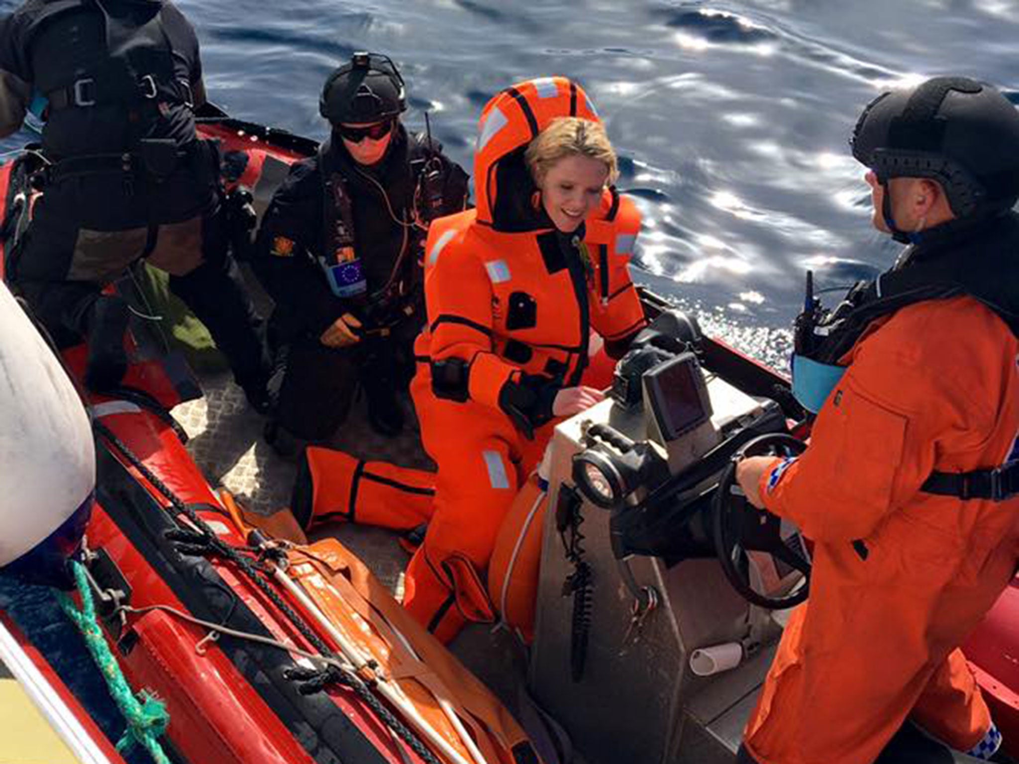 Sylvi Listhaug, the Norwegian immigration minister, in the Aegean Sea off Lesbos in April