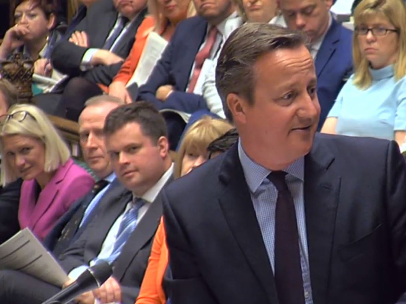 The reaction on the Conservative front bench the moment the PM delivered his punchline (Parliament TV)