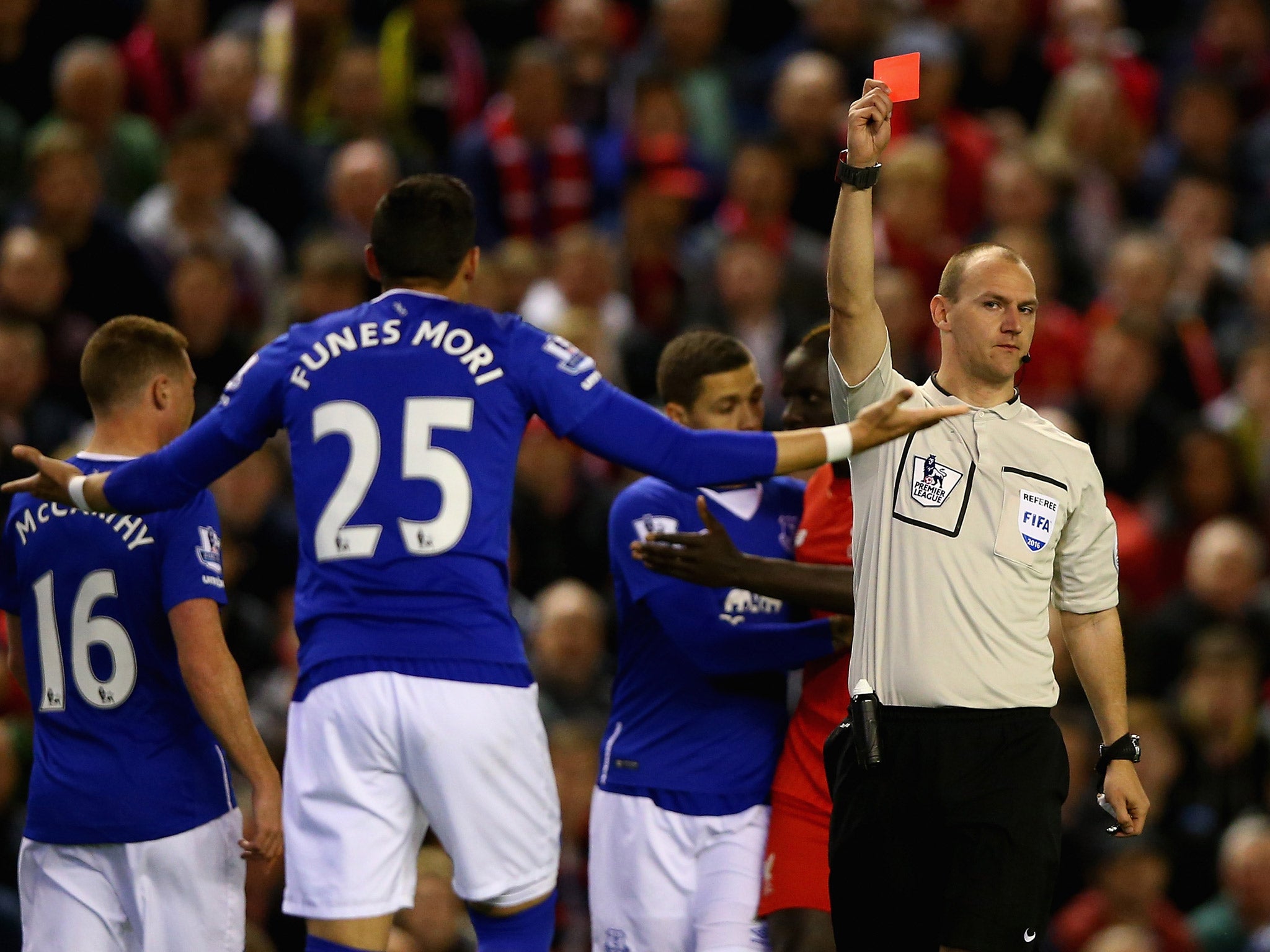 Funes Mori was sent off during Everton's Merseyside derby defeat