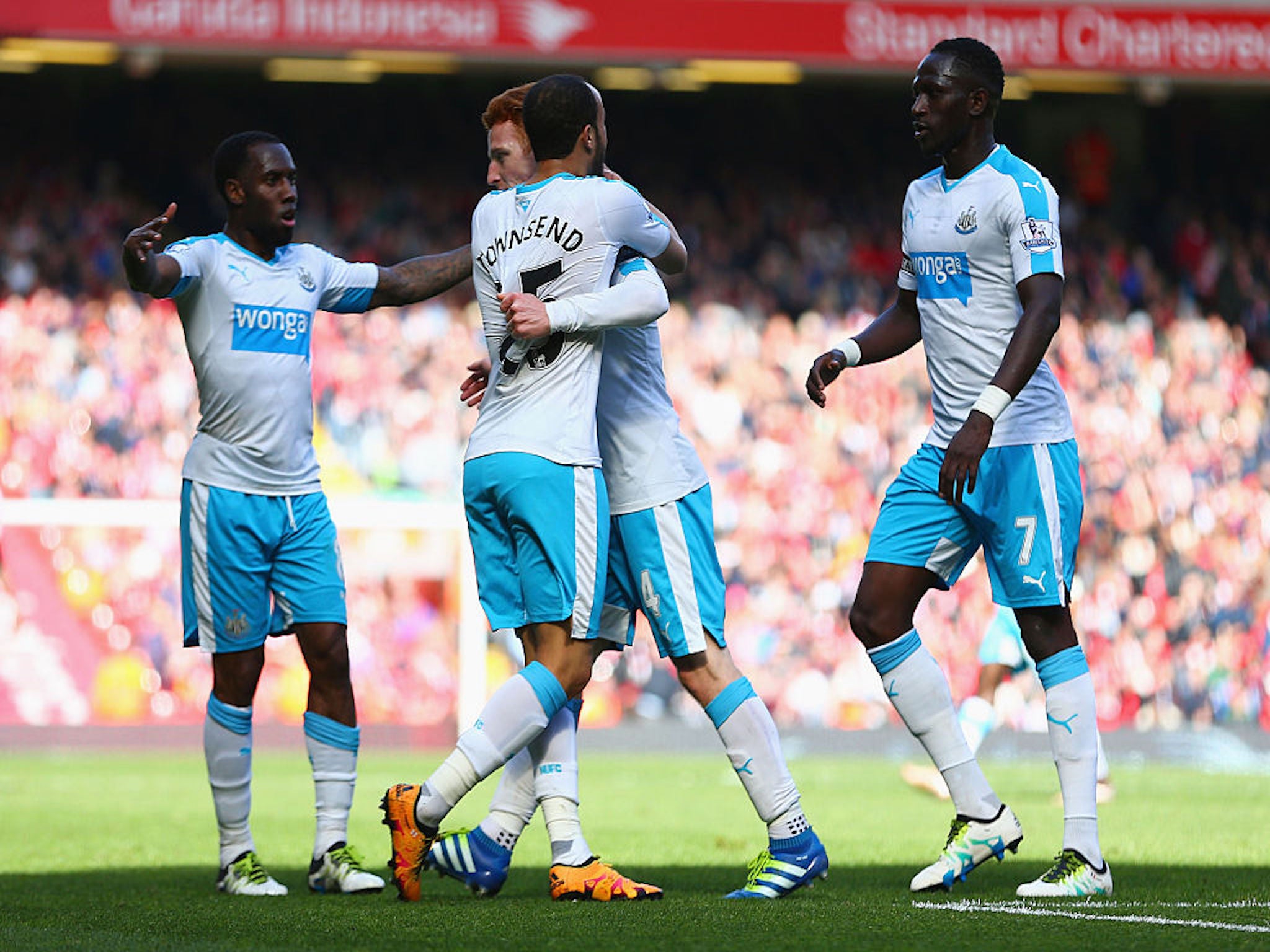 Jack Colback celebrates scoring at Liverpool for Newcastle United