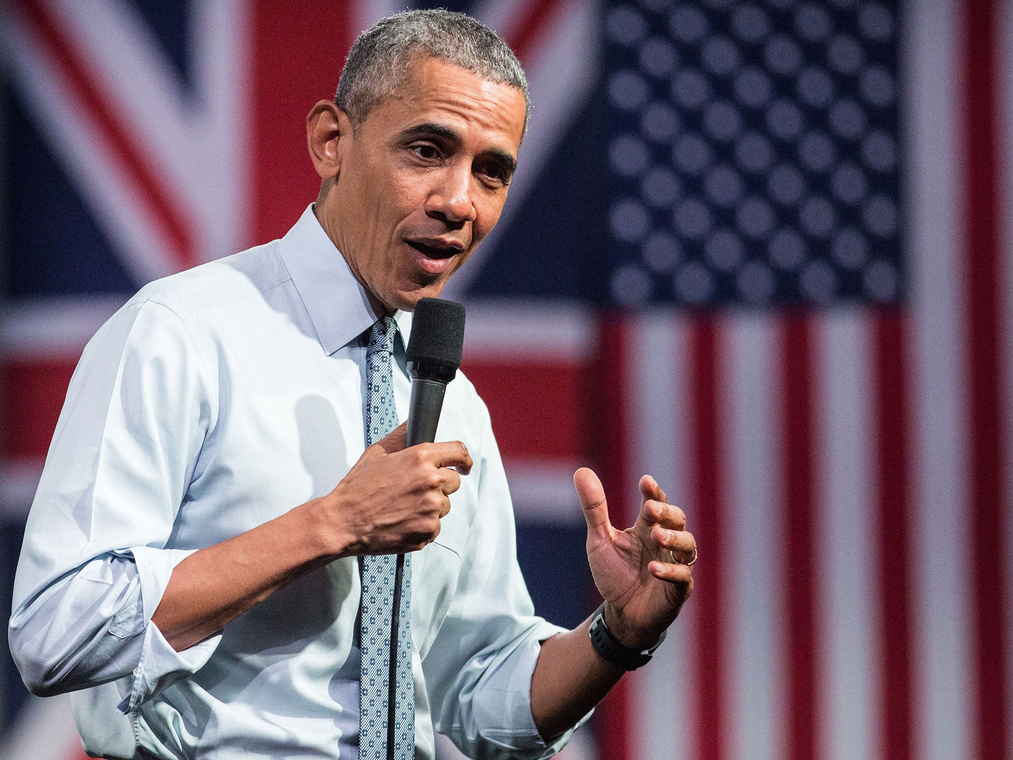 Barack Obama addressing an audience at a Town Hall meeting in Westminster this weekend