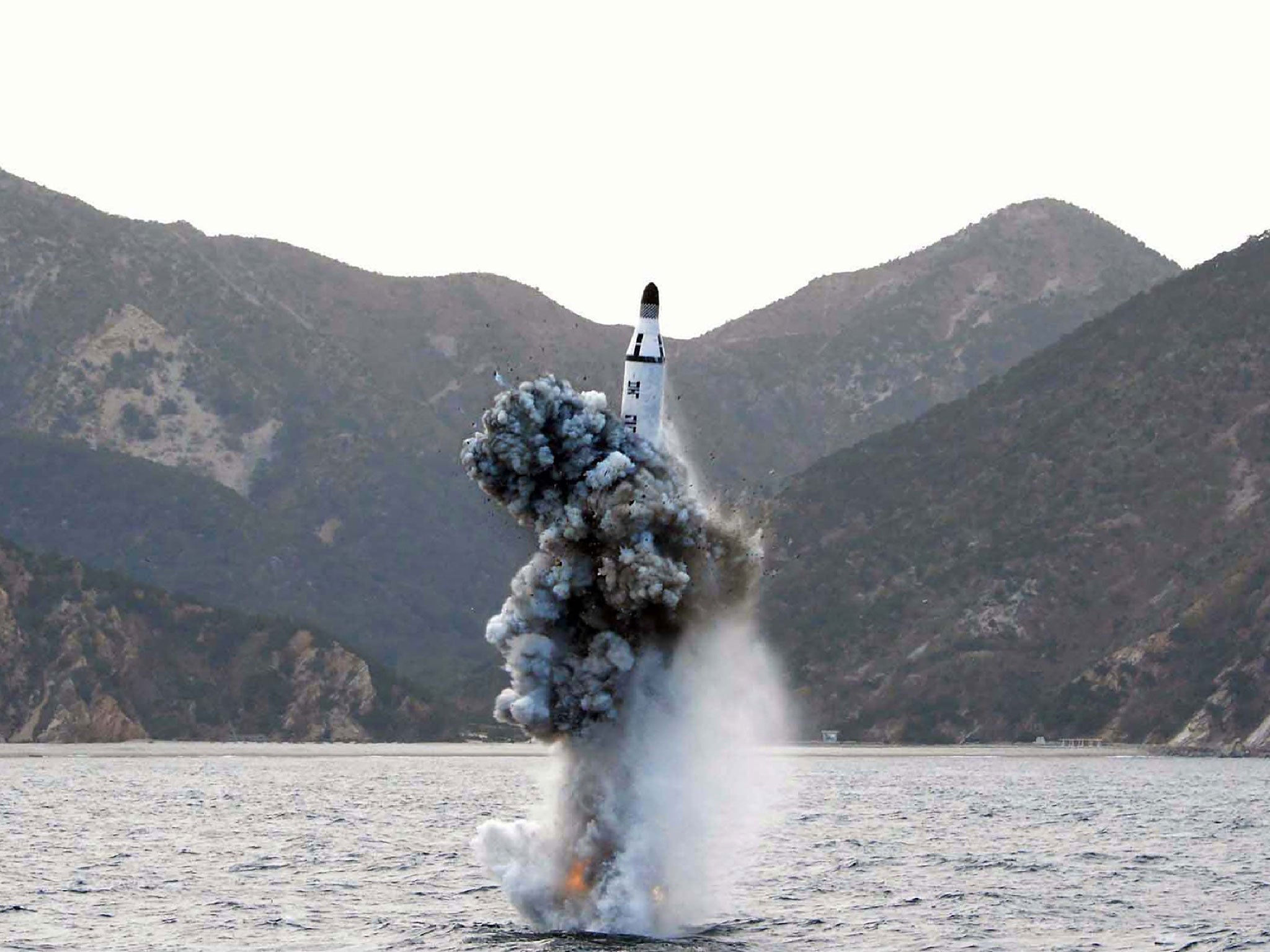 This picture released from North Korea's official Korean Central News Agency on April 24, 2016 shows the underwater test-fire of a strategic submarine ballistic missile at an undisclosed location in North Korea on April 23, 2016