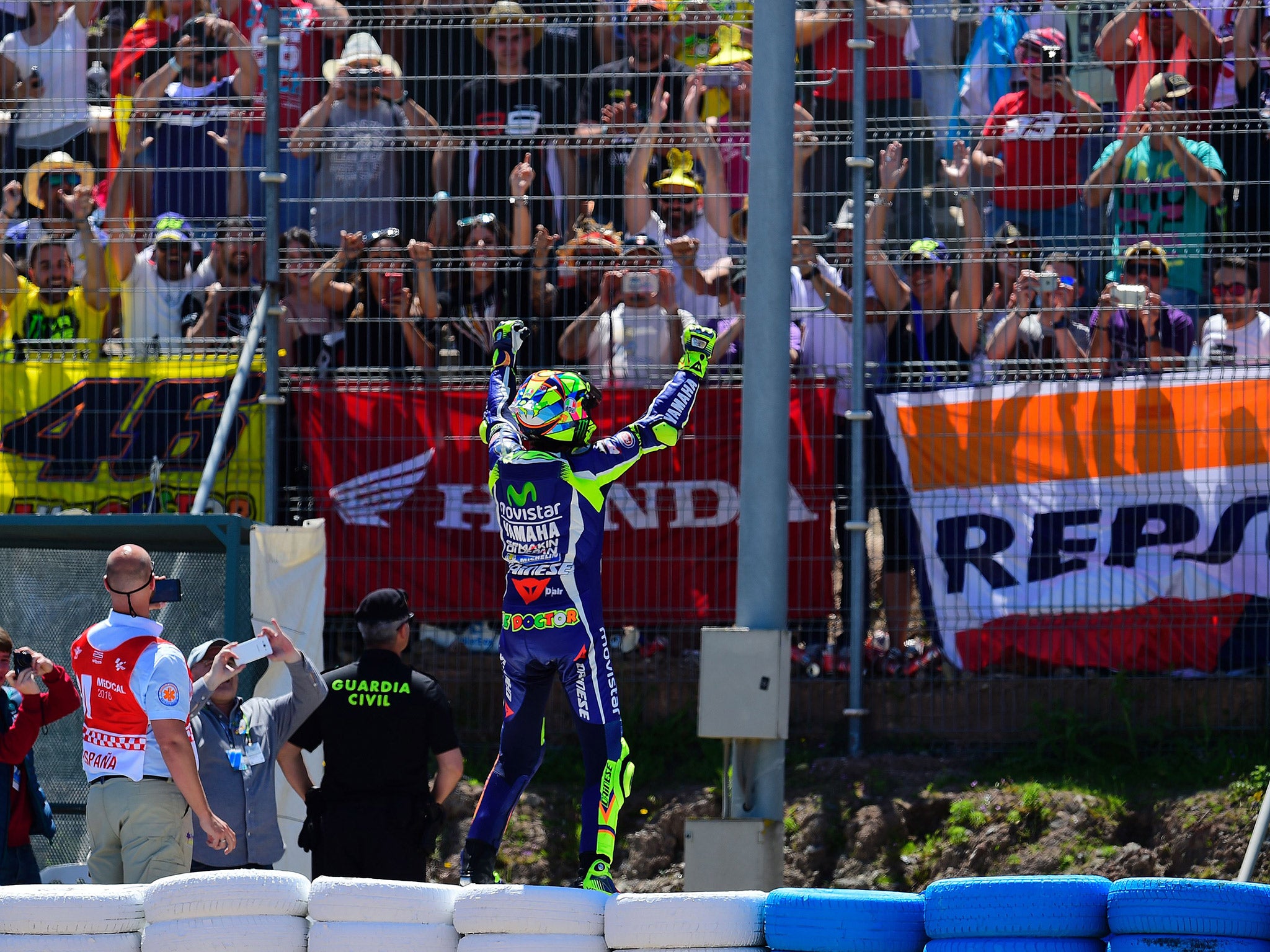 Valentino Rossi celebrates in front of the fans at Jerez