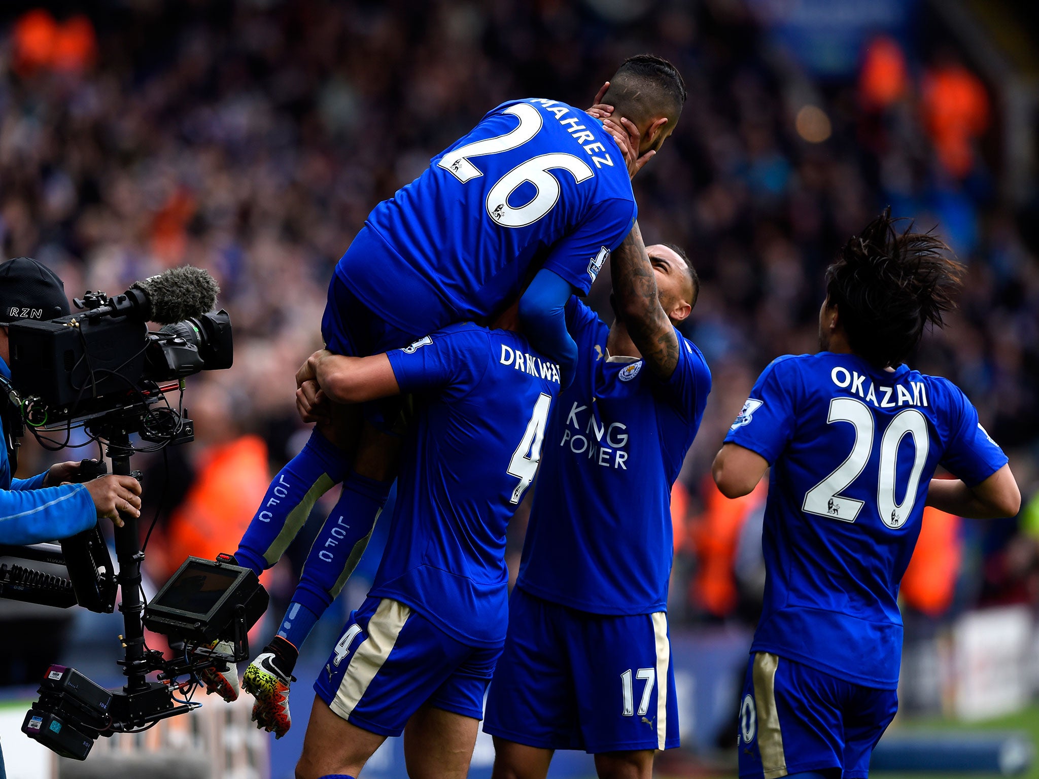 Riyad Mahrez celebrates scoring against Swansea