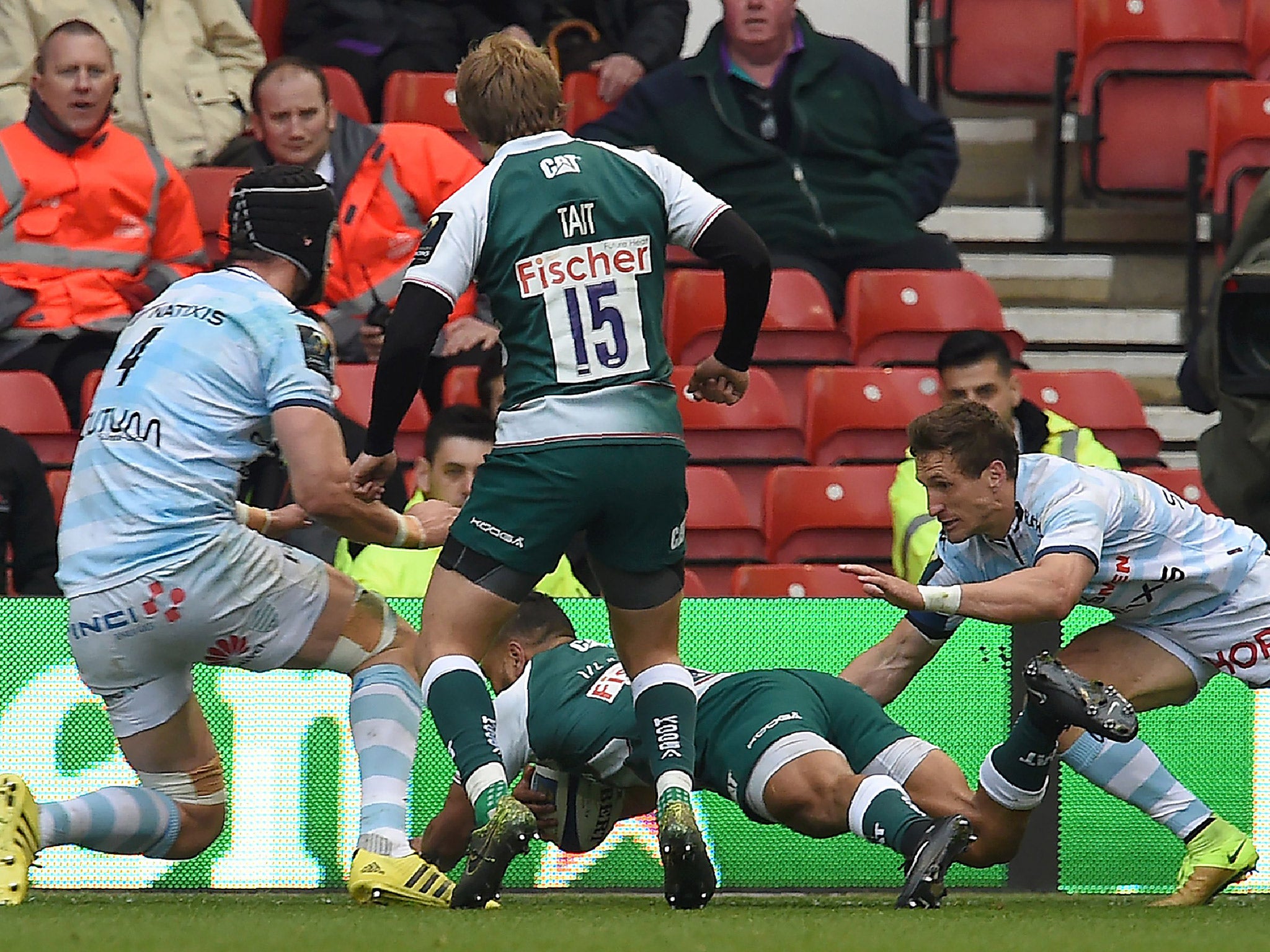 Leicester wing Telusa Veainu scores a late consolation try against Racing