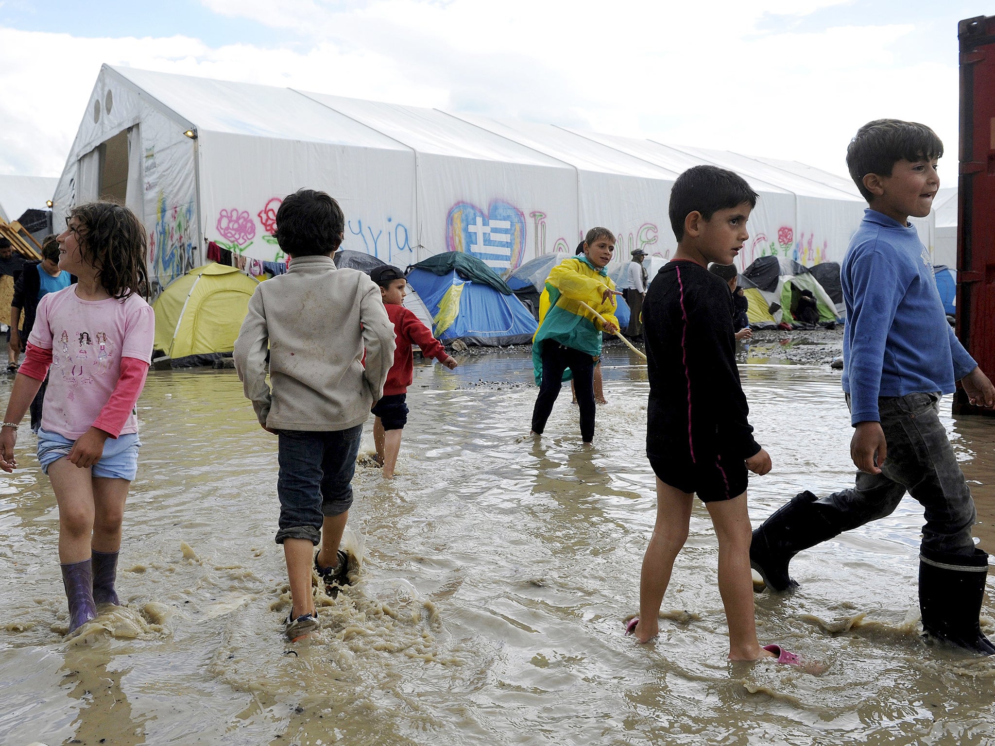 Children at a makeshift camp at the Greek-Macedonian border