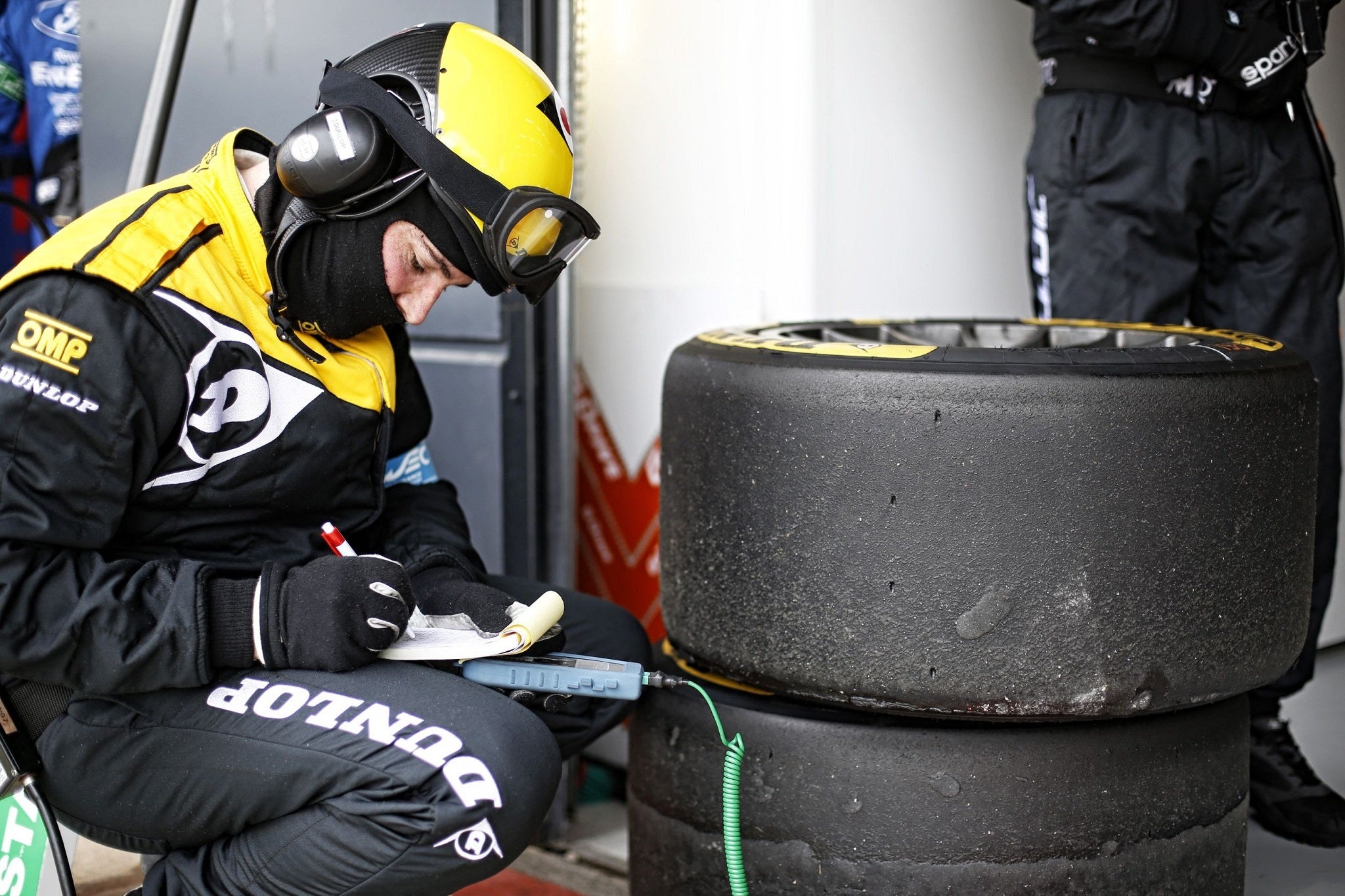 &#13;
Aston Martin Dunlop engineer Matt Butler analyses the tyres as soon as they come off the cars&#13;