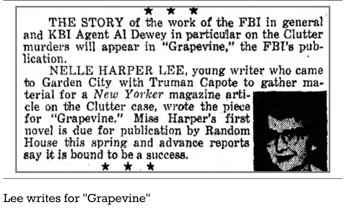 Clipping from The Garden City Telegram, saying how Lee was to write an article on the Clutter Murders for The Grapevine