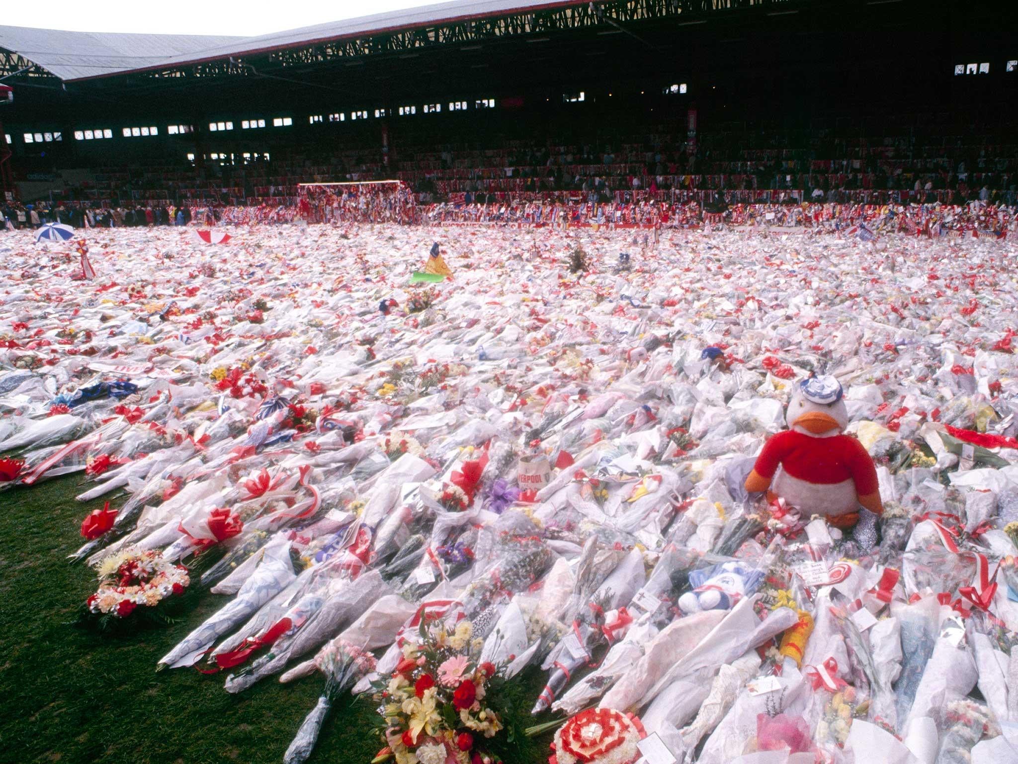 Sadness engulfs Anfield and the Kop Stand as many hundreds of thousands of tributes are laid in memory of the 96 people who died at Hillsborough Stadium on 15 April 1989 at the FA Cup Semi Final match between Liverpool and Nottingham Forest (Getty Images)