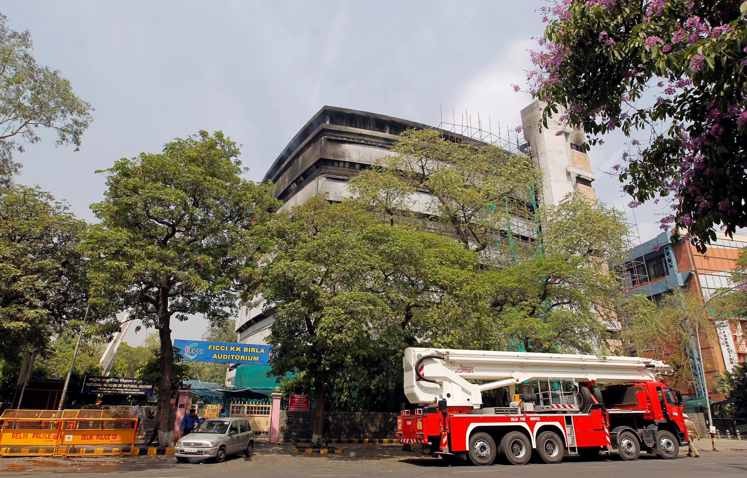 Fire engines parked outside the National Museum of Natural History in New Delhi, India