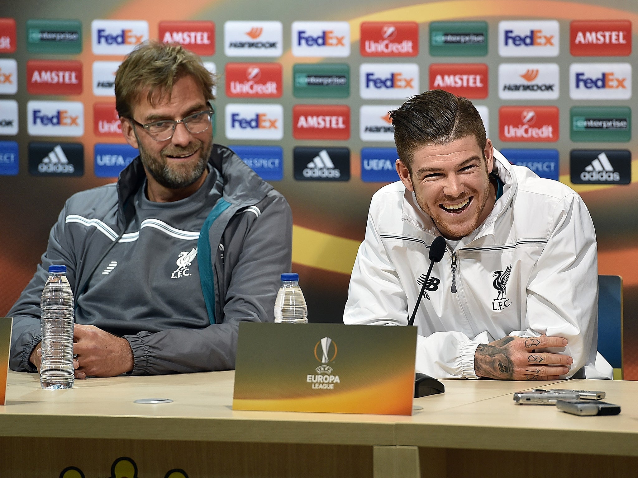 Jurgen Klopp with Alberto Moreno during Wednesday's press conference