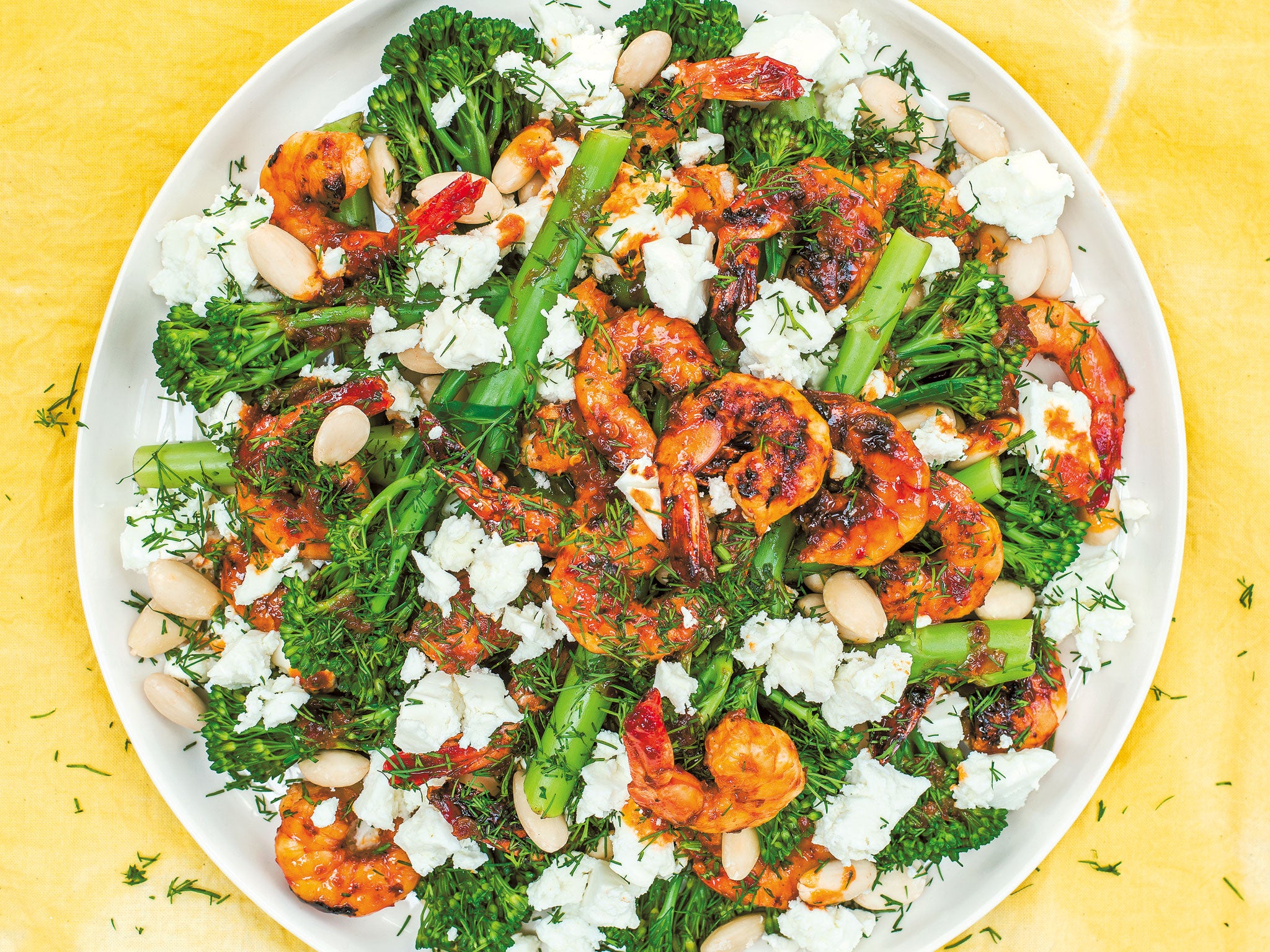 Full of flavour: Prawn, tenderstem broccoli, feta, & almond salad