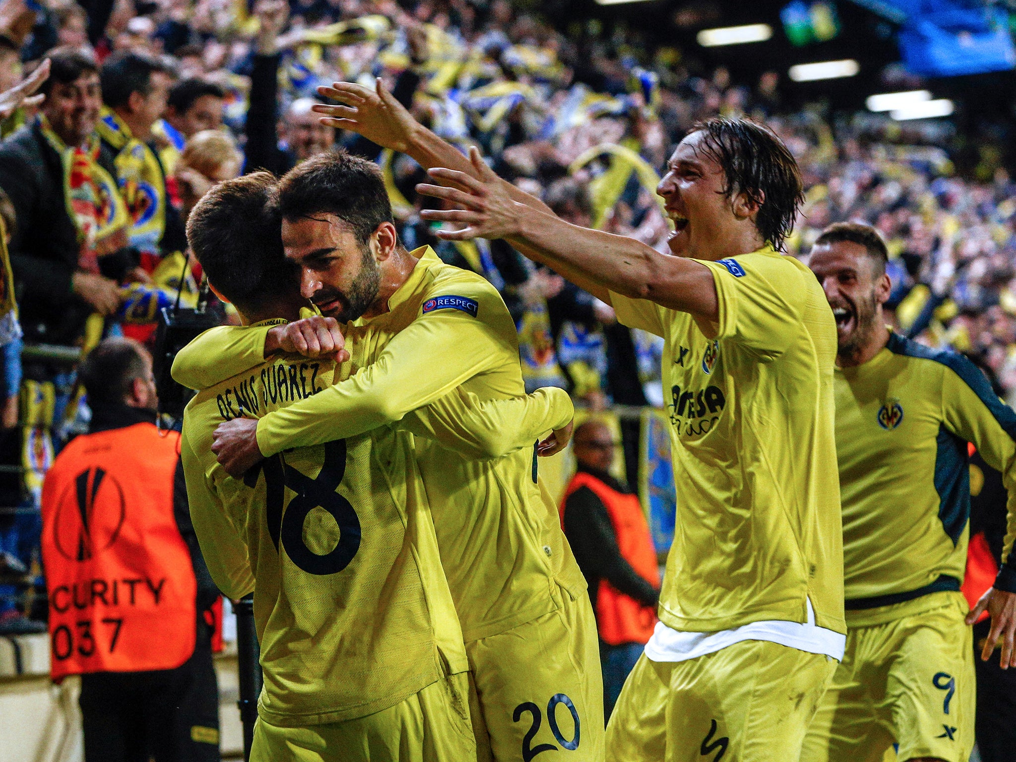 villarreal players celebrate after Adrian Lopez's late winner