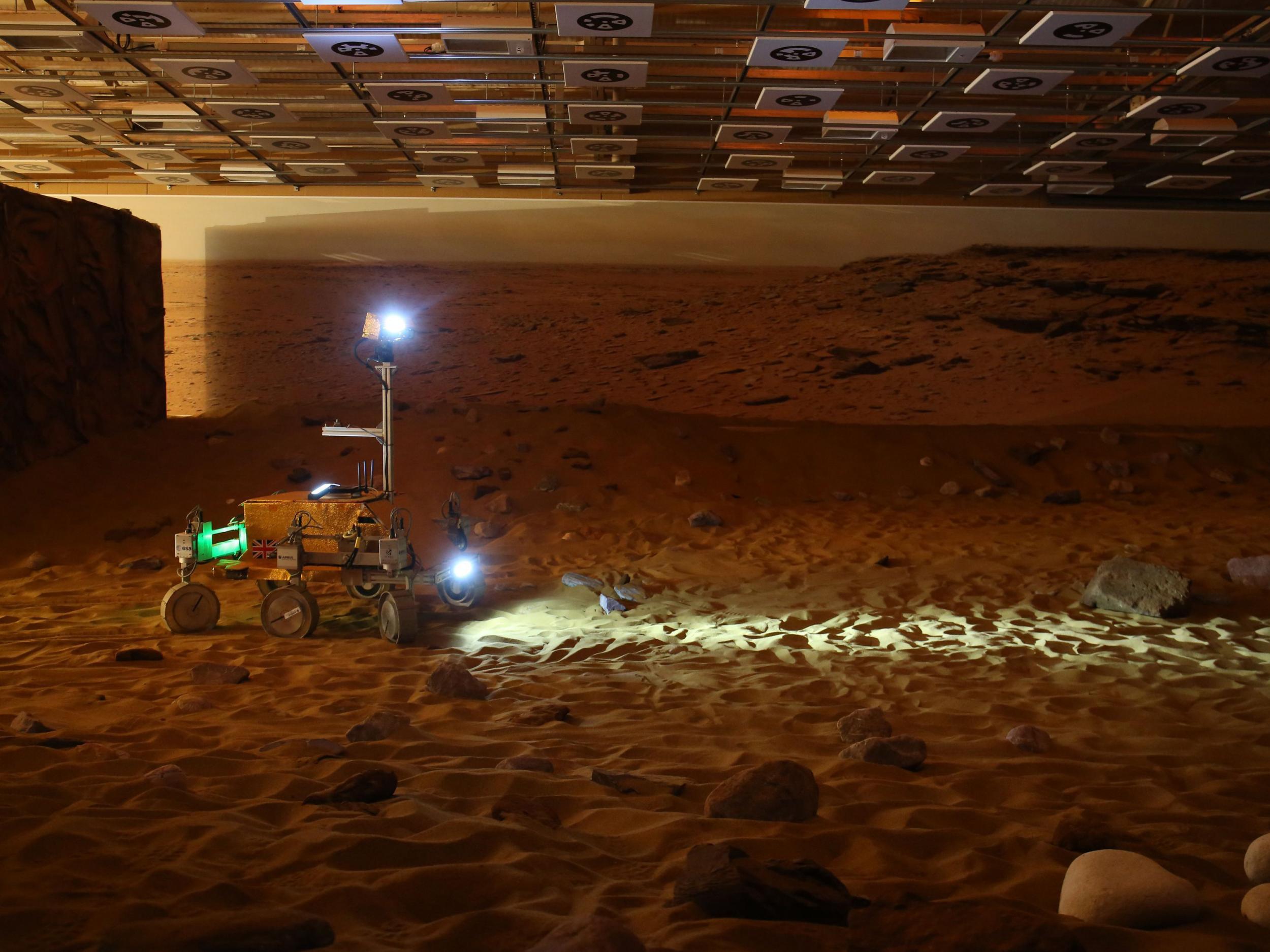 ExoMars rover "Bridget" is controlled by British astronaut Tim Peake from the International Space Station during a live experiment at Airbus Defence and Space in Stevenage, Hertfordshire