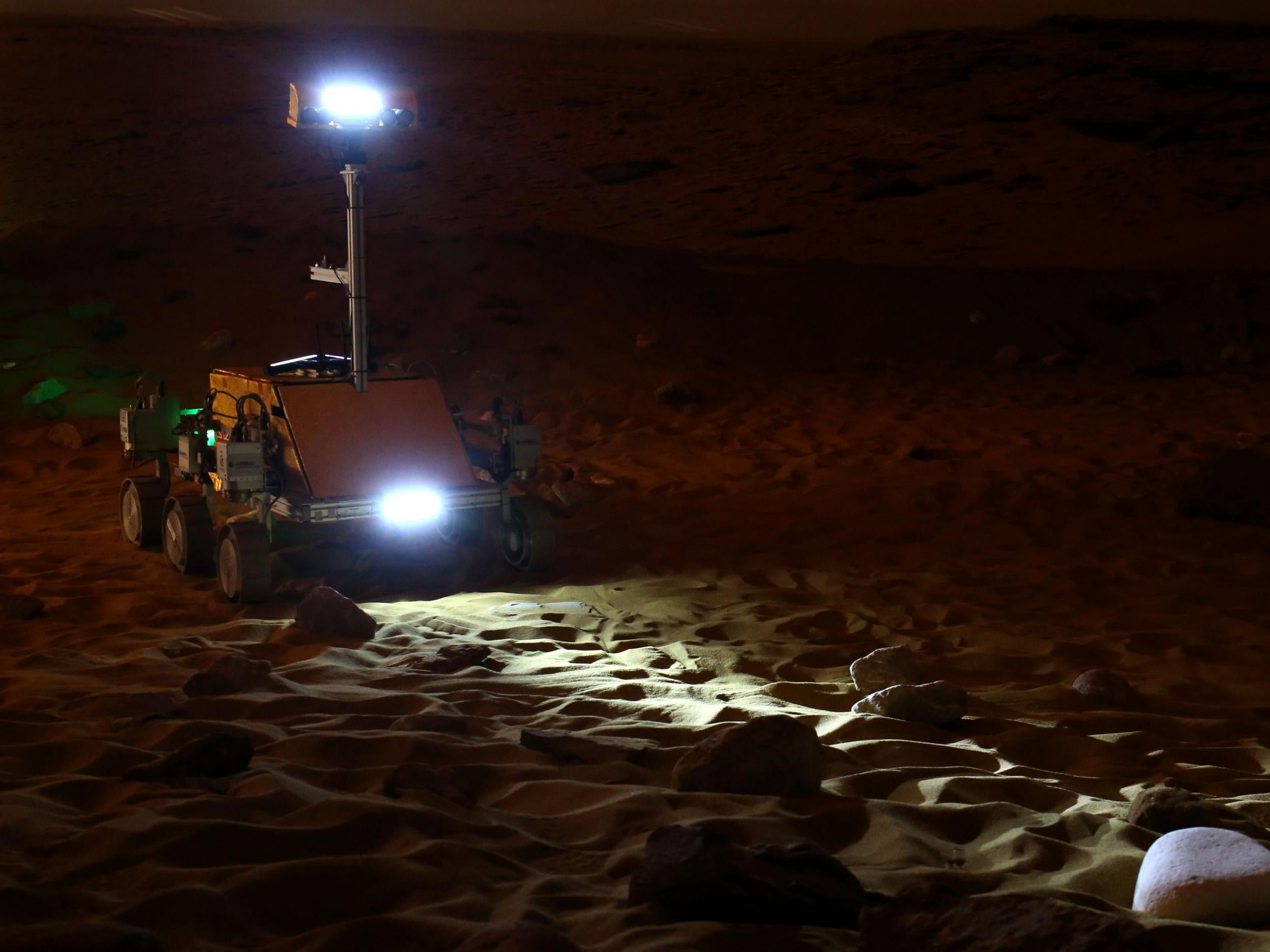 ExoMars rover "Bridget" is controlled by British astronaut Tim Peake from the International Space Station during a live experiment at Airbus Defence and Space in Stevenage, Hertfordshire.